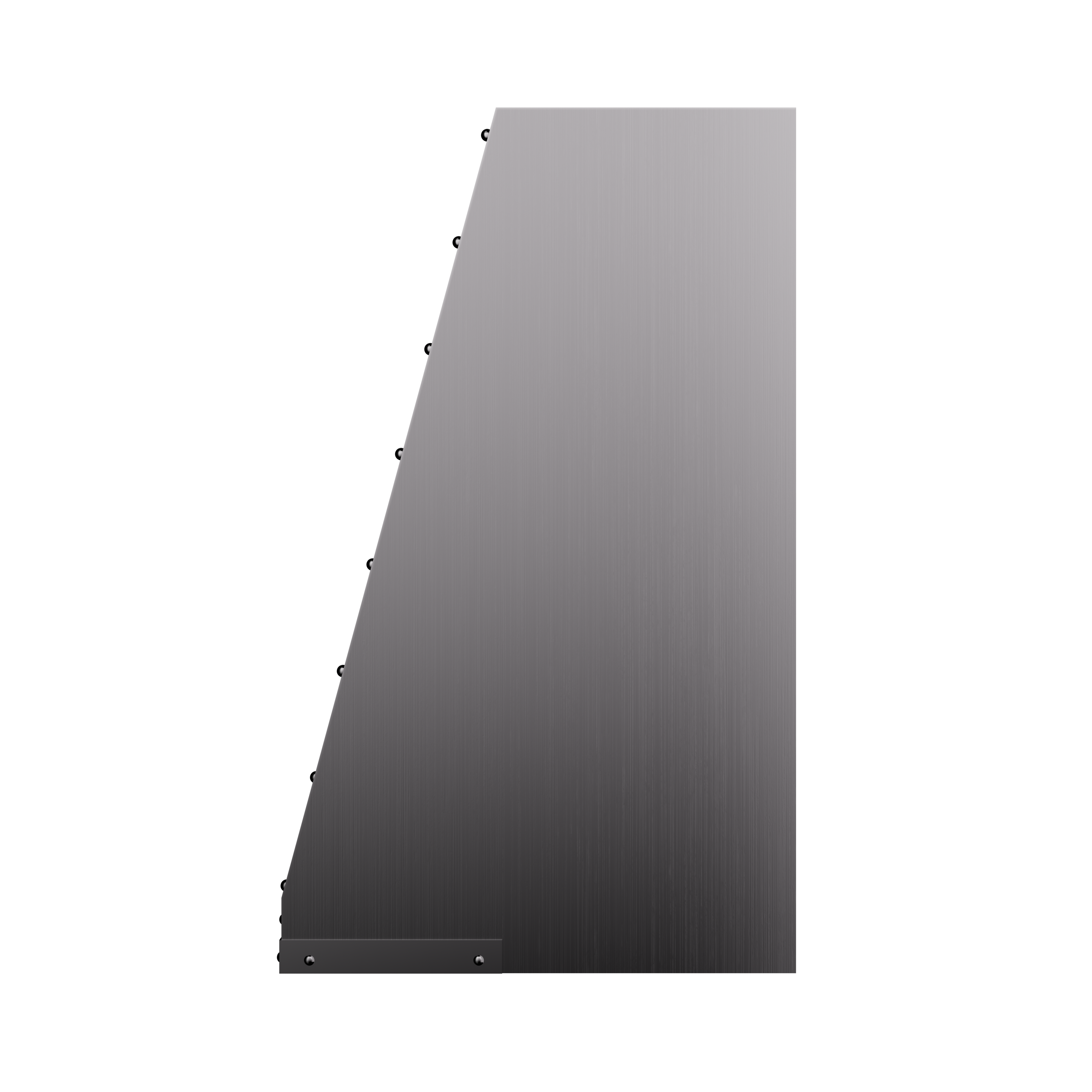 Angled brushed stainless steel range hood with rivet detailing, designed for industrial kitchens