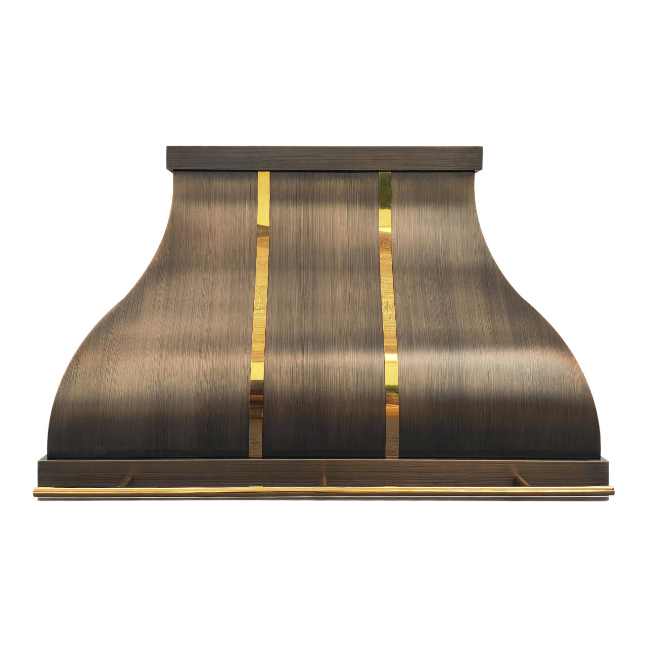 Brass range hood with gold accents on a white background