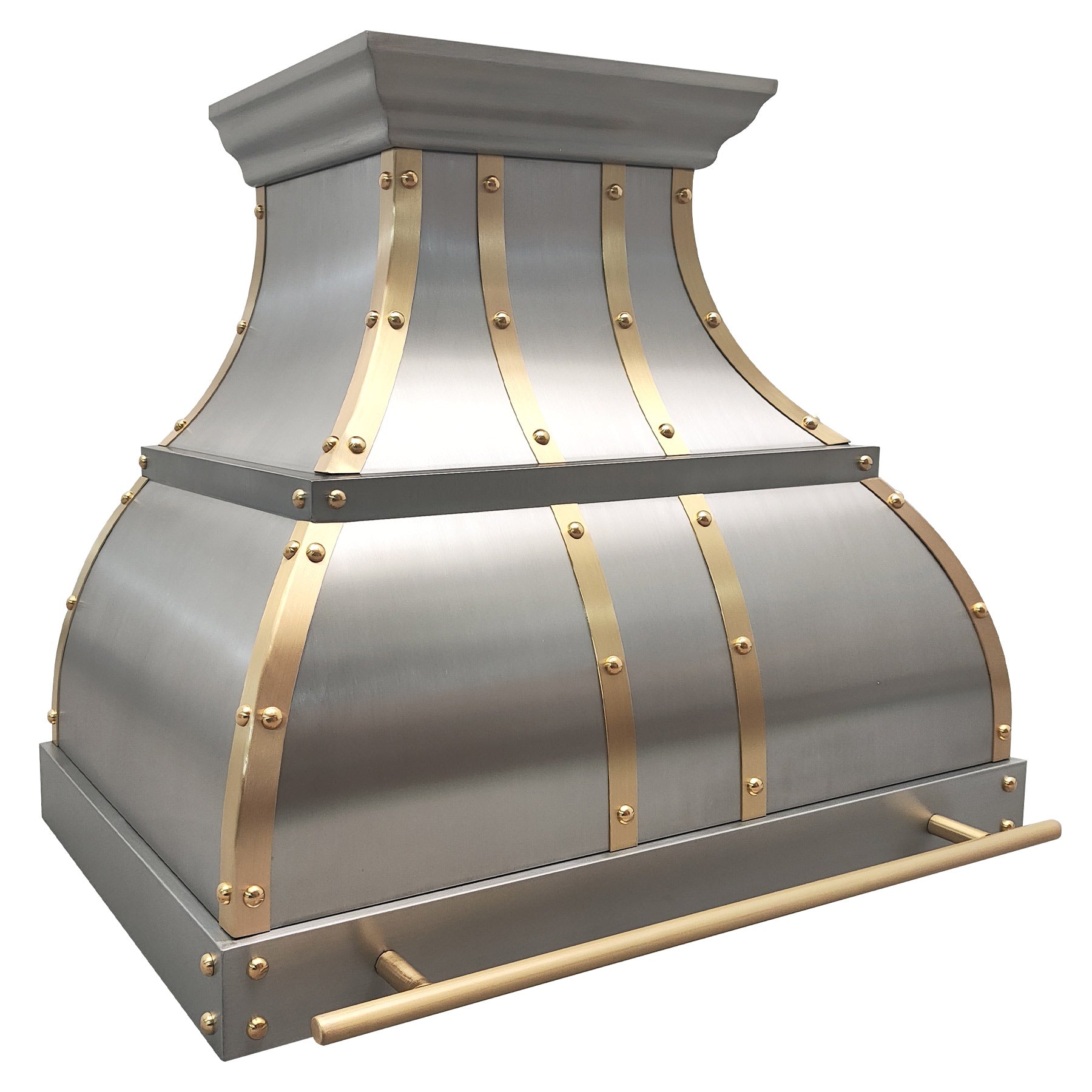 Stainless steel range hood with brass accent strips and rivet detailing, designed for industrial kitchen.