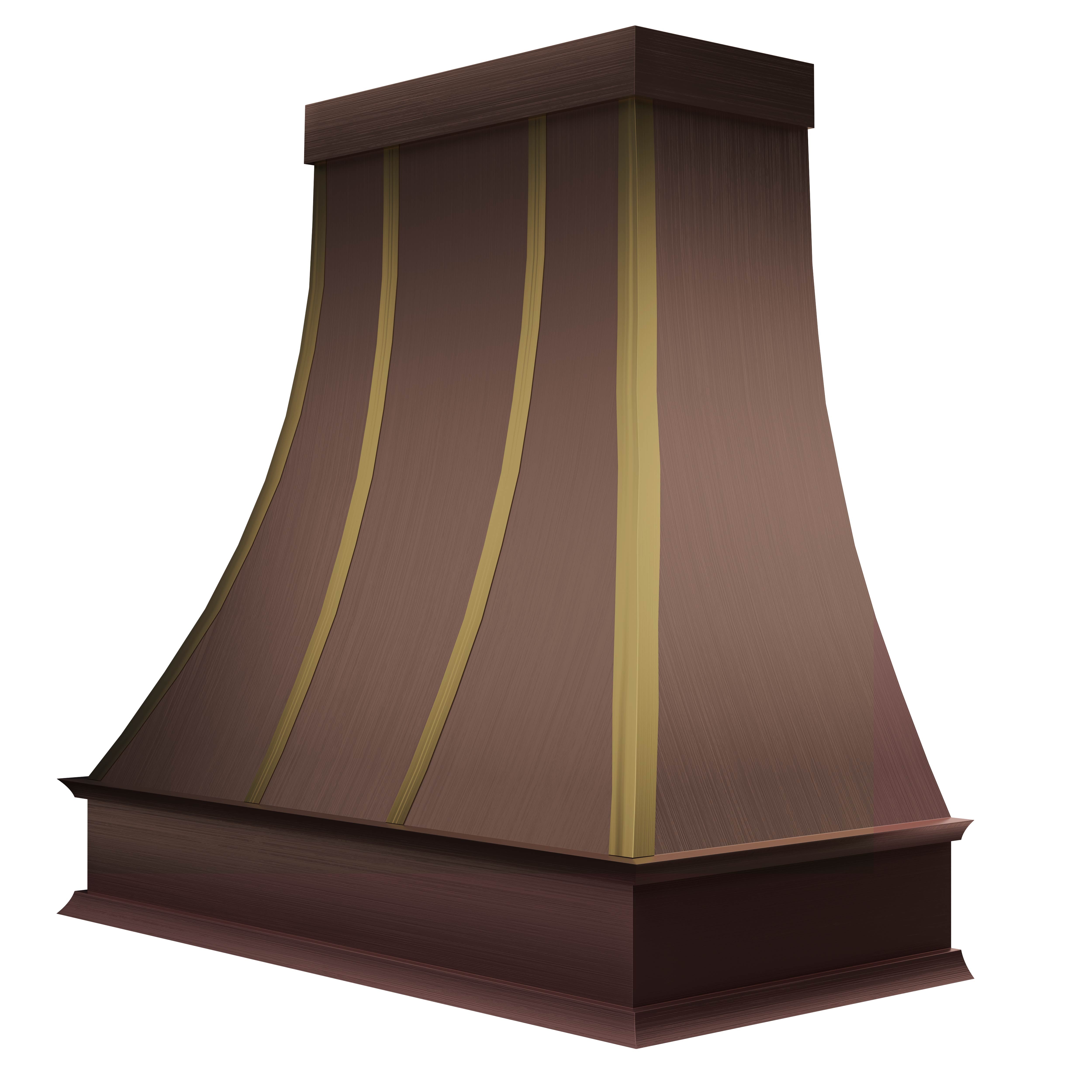 Artisan made curved waist copper hood with gold accents, enhancing home interior design harmony