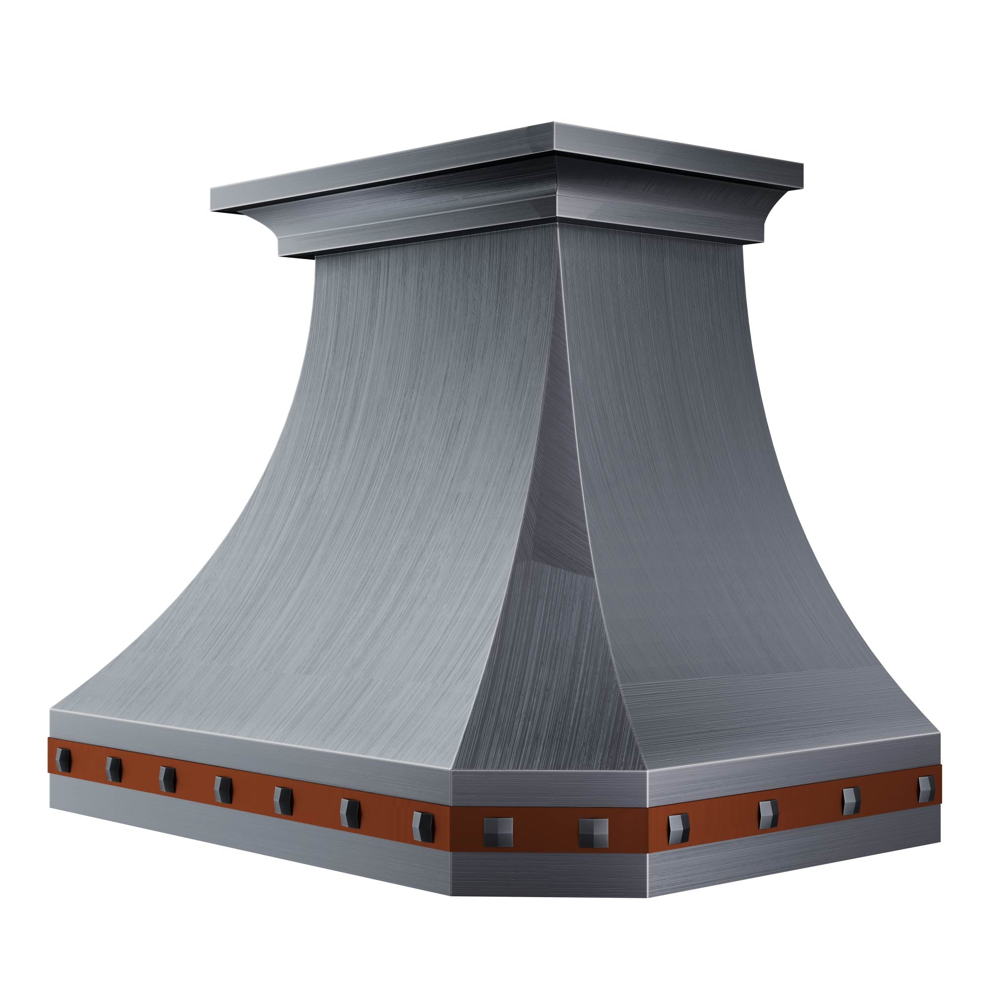 Artisan - made curved - waist stainless hood with brown rivet accents elevating kitchen