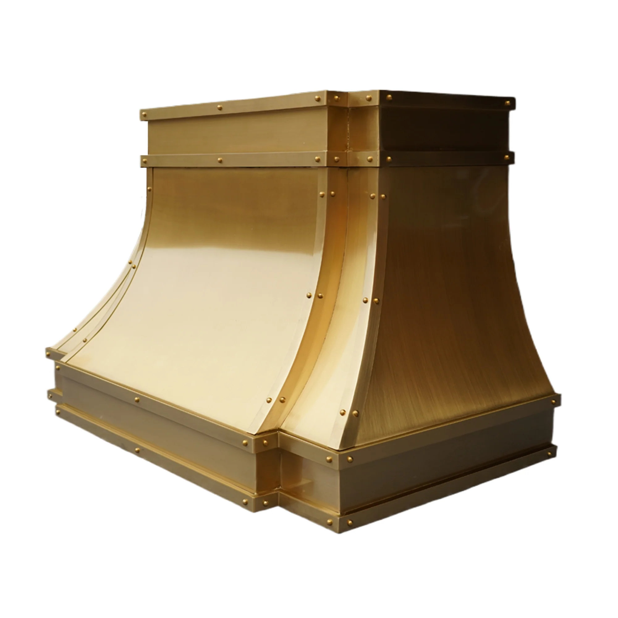 Custom brass range hood with chimney installed in modern kitchen