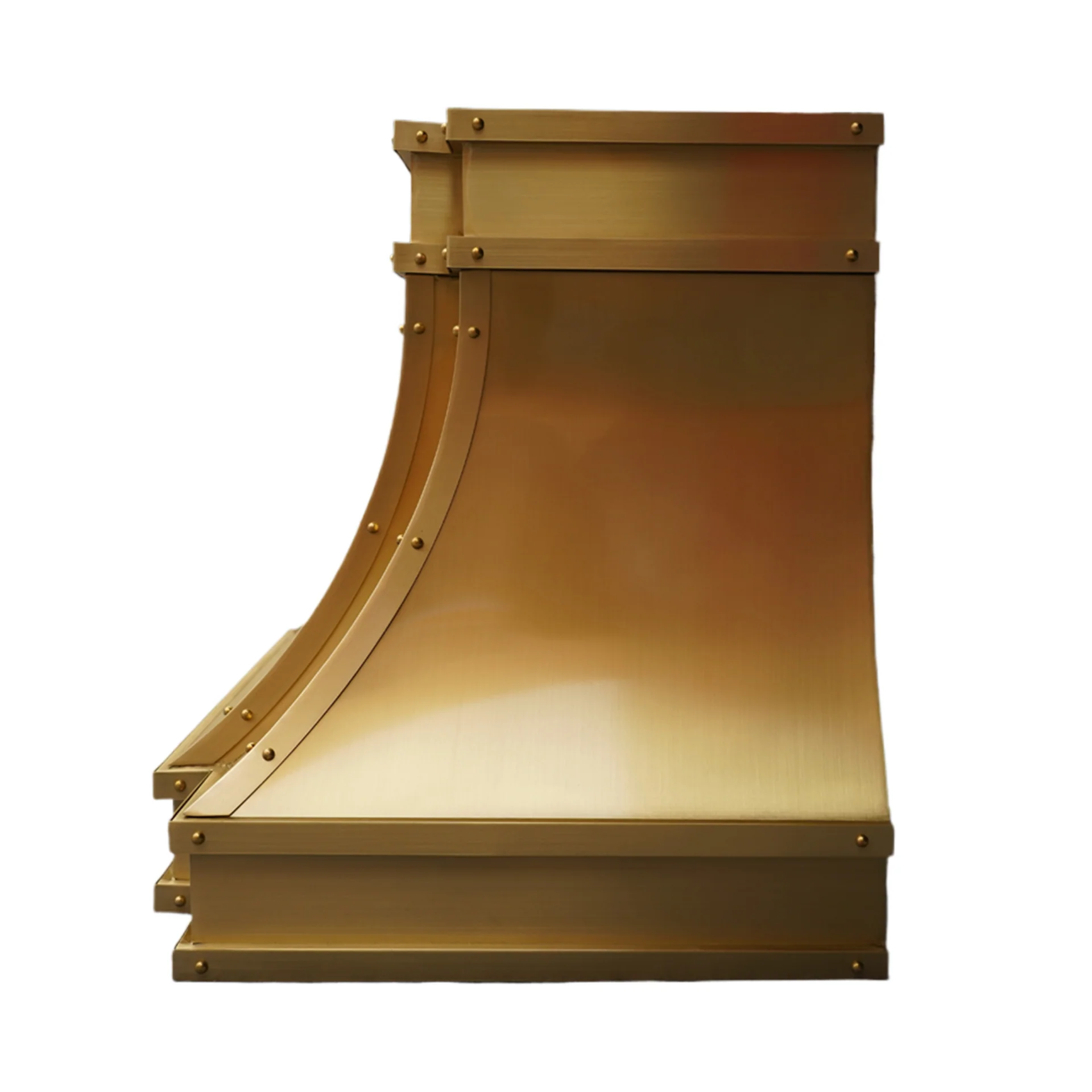 Custom brass range hood with chimney installed in modern kitchen