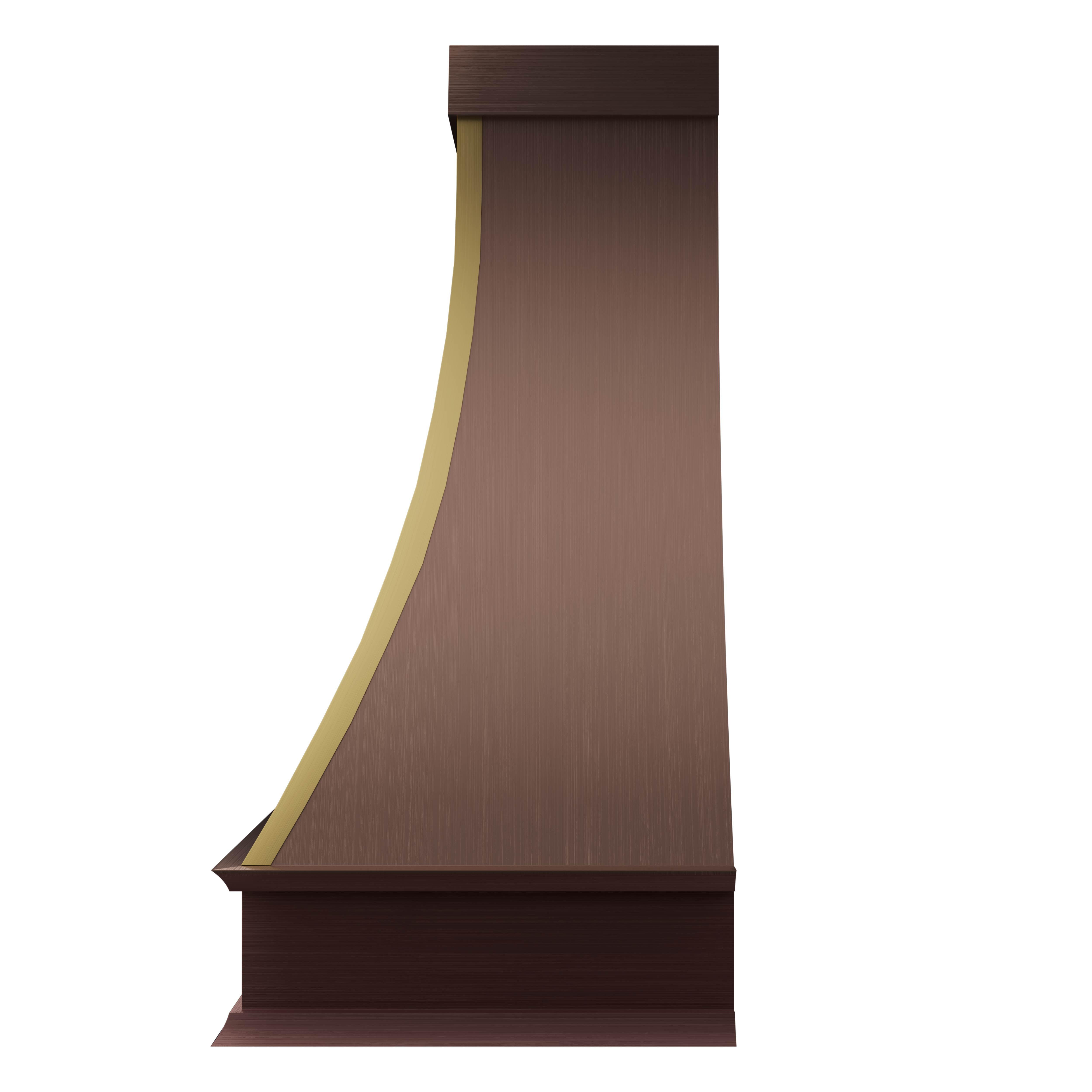 Artisan made curved waist copper hood with gold accents, enhancing home interior design harmony