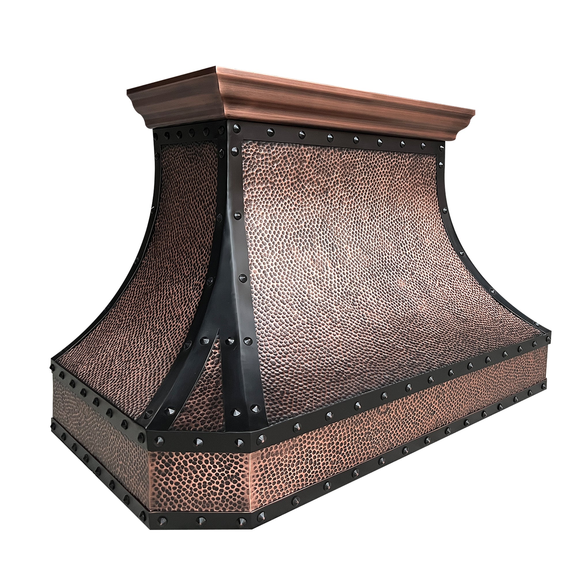 CKH hammered copper range hood with industrial riveted black accents, showcasing vintage industrial kitchen ventilation design.