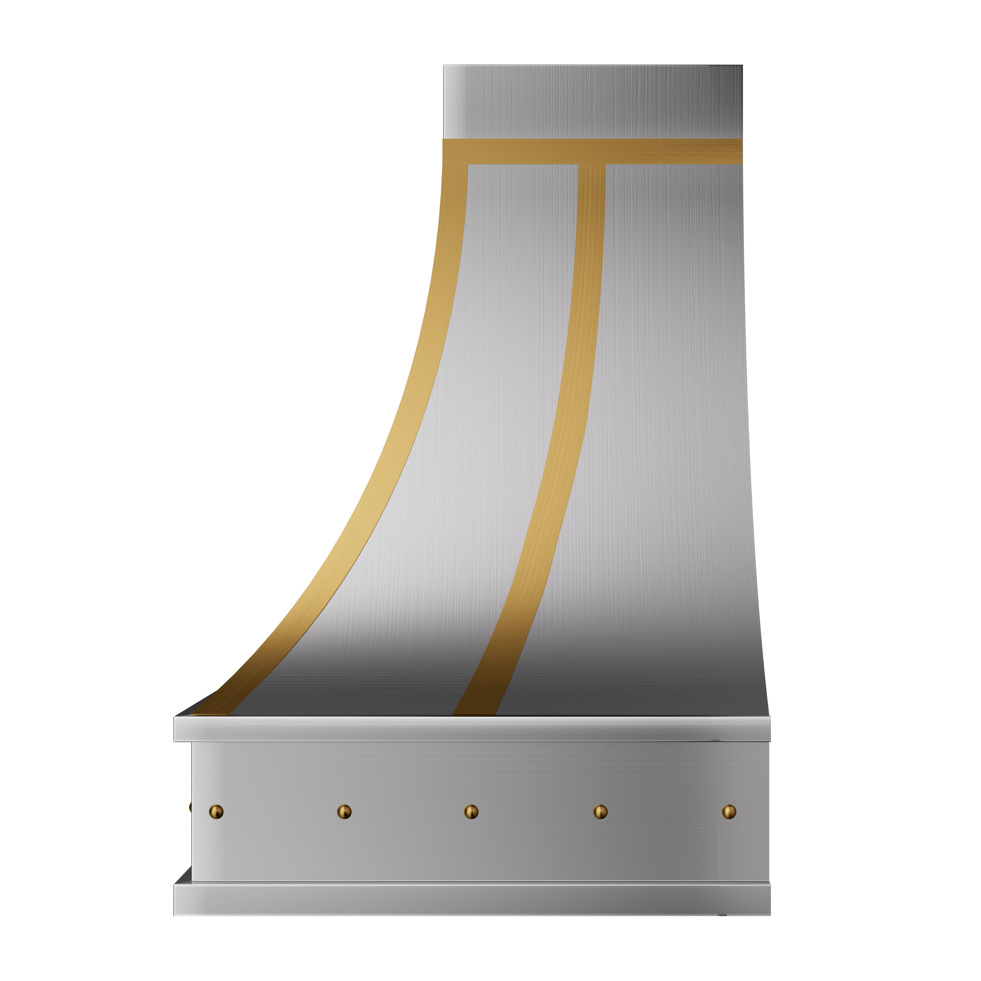 Stainless steel range hood with gold accents on a white background
