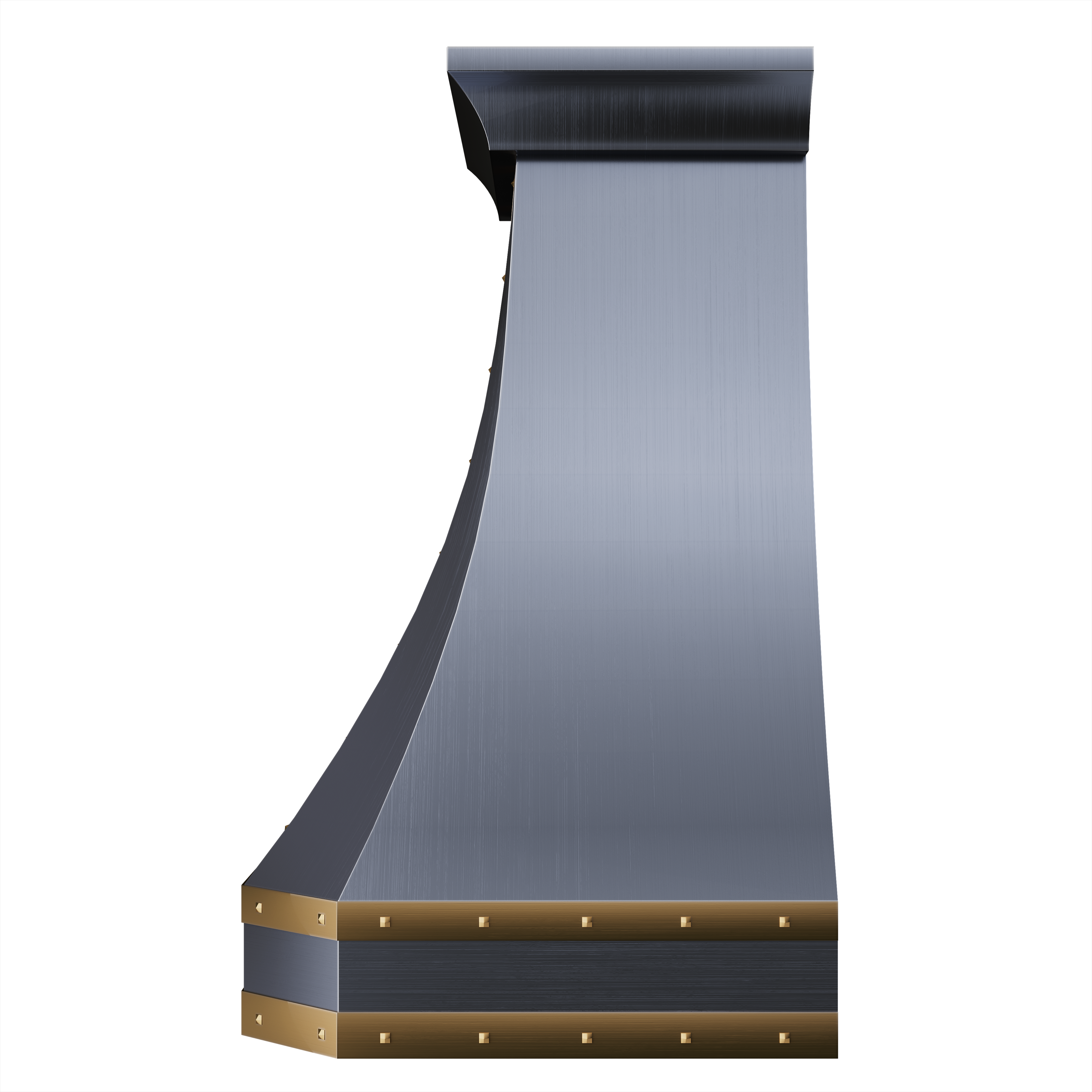 Stainless steel range hood with gold accents, elevating modern kitchen aesthetics and performance