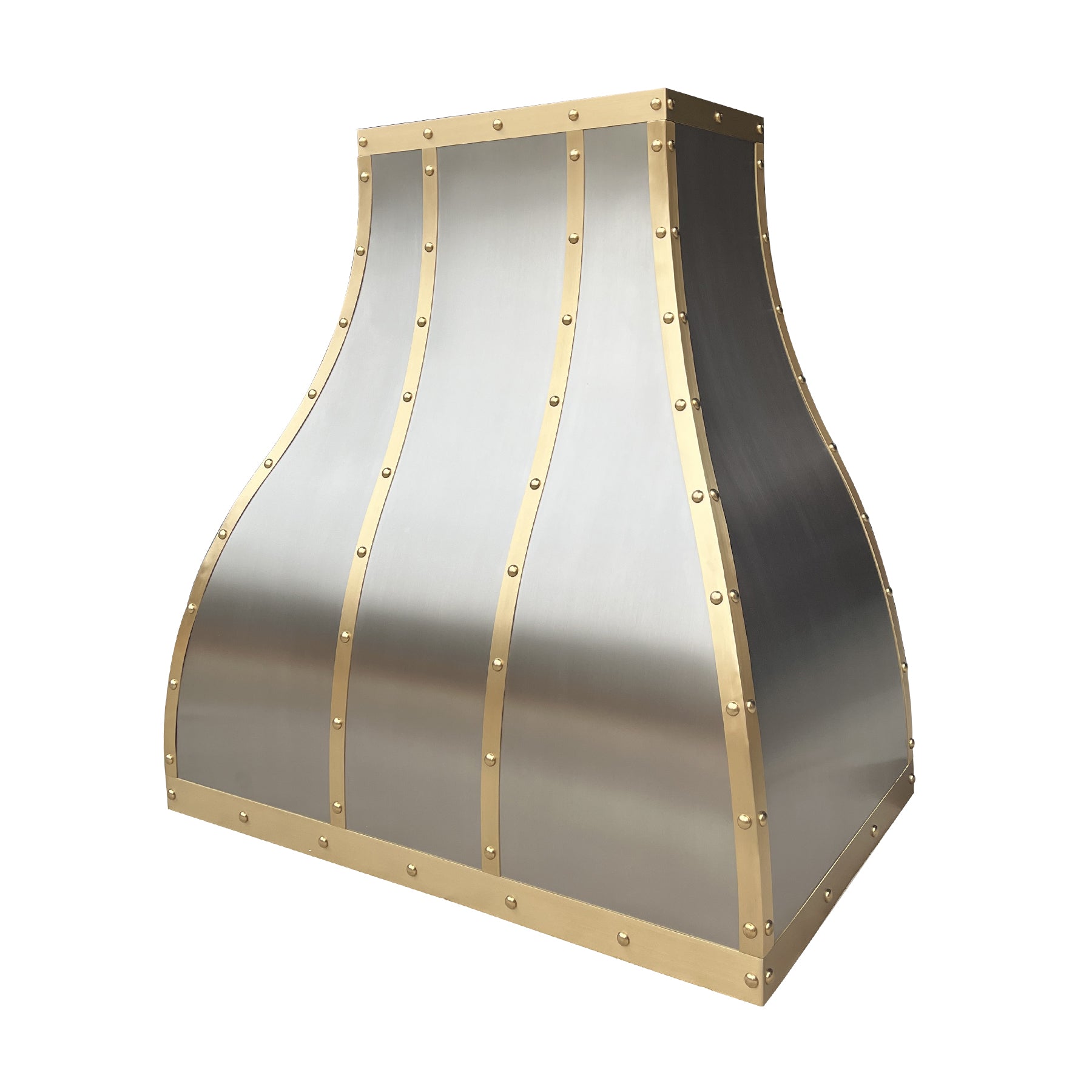 CKH industrial stainless steel range hood with brass rivet accents, showcasing industrial-chic kitchen ventilation design.