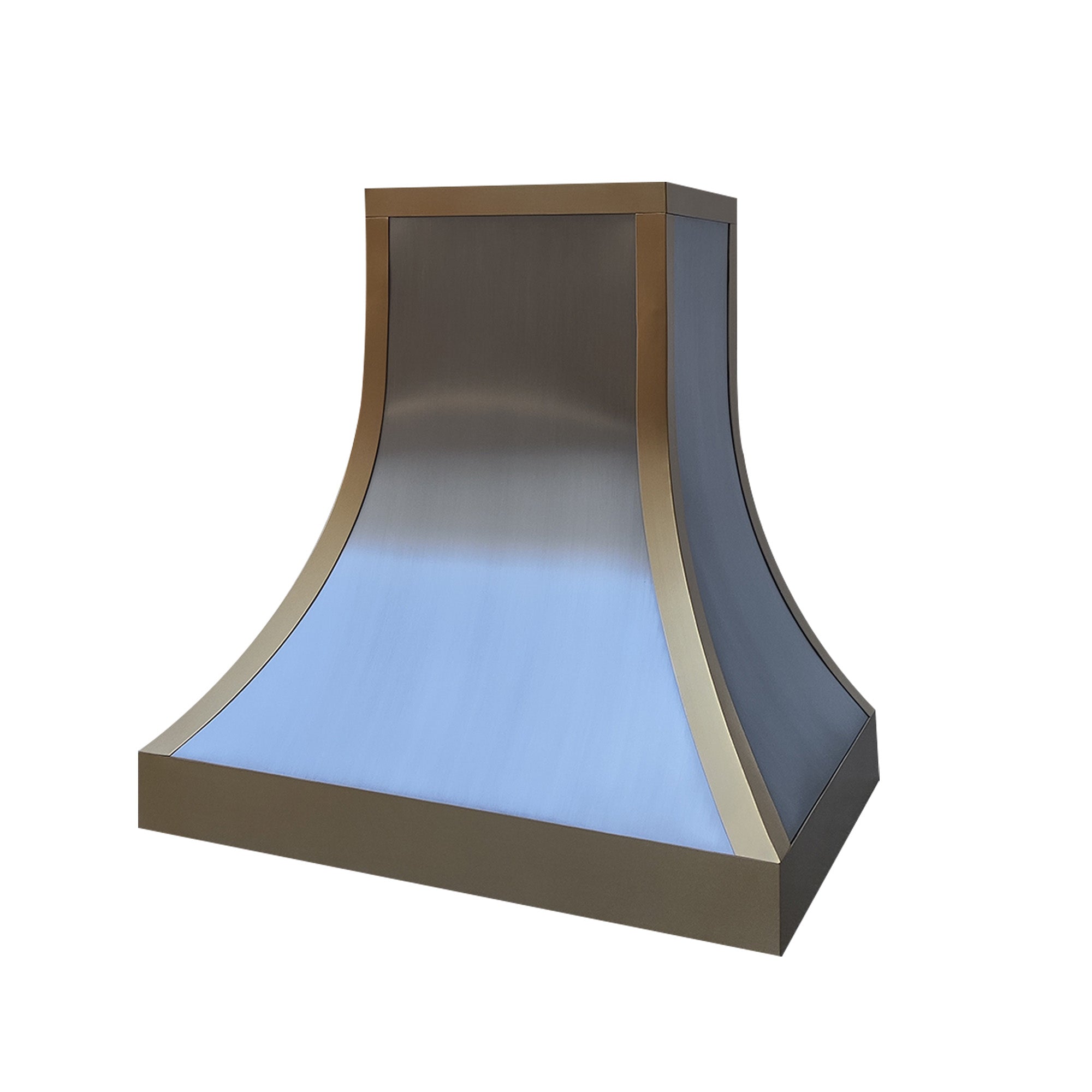 Culinary range hood with metallic finish on a white background