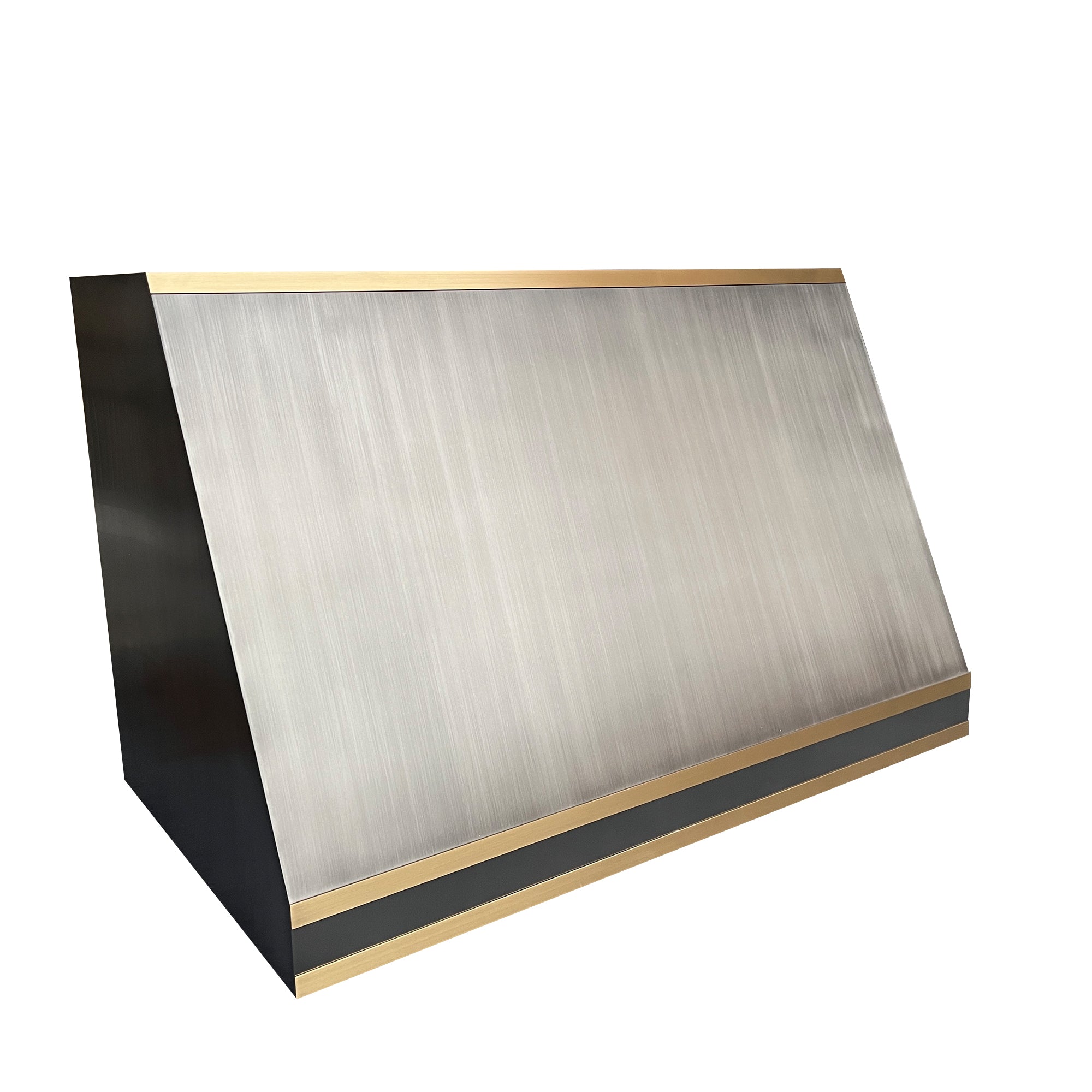 CKH minimalist zinc range hood with brass accents, showcasing sleek kitchen ventilation design.