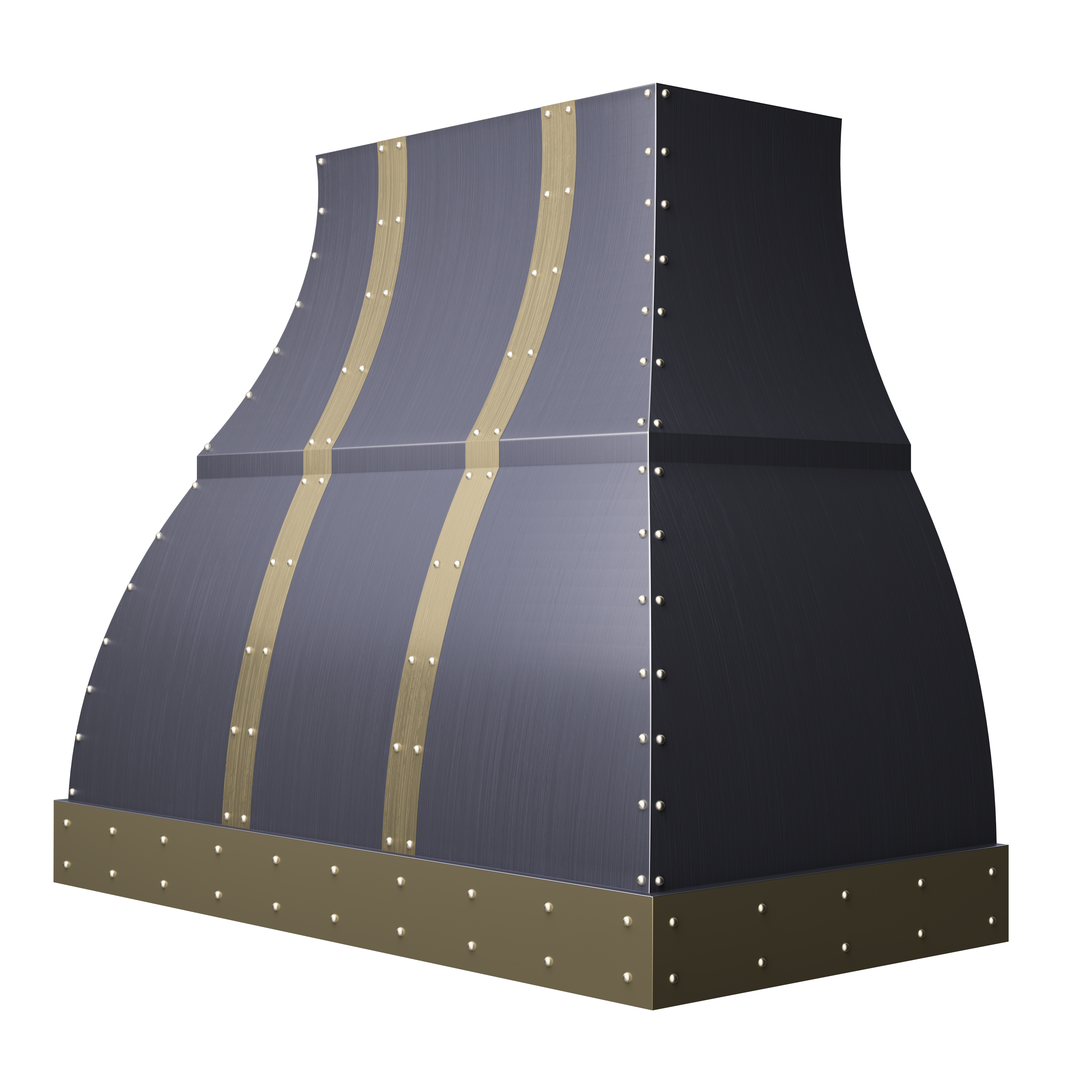 Range hood gold-accented rivets and brushed finish for modern industrial-style kitchens