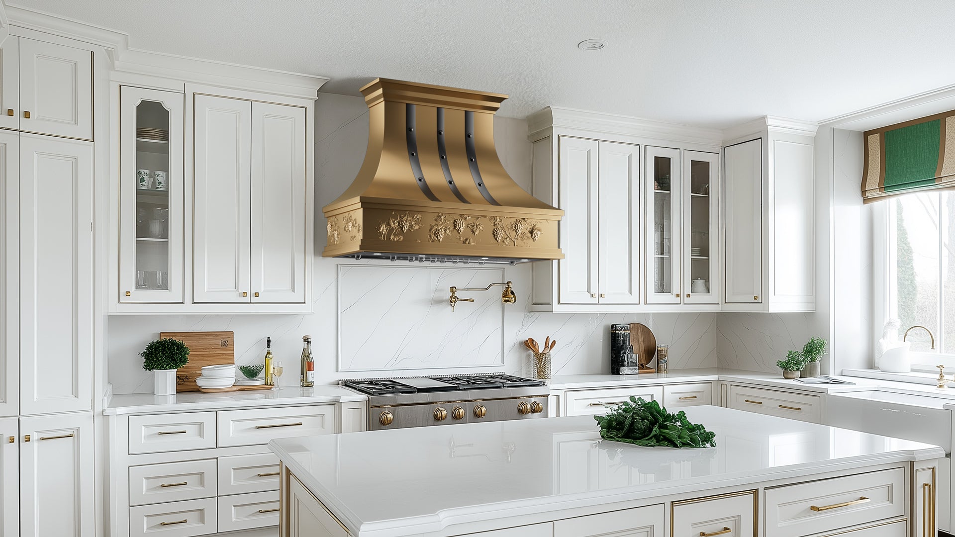 Curved waist copper range hood with riveted black stripes perfect for wine inspired interiors