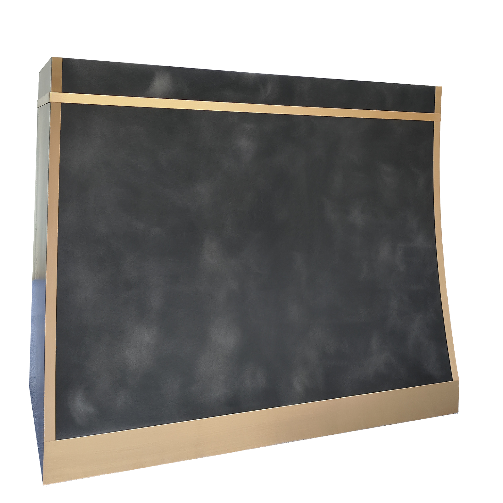 CKH modern zinc range hood featuring sleek brass accent trim, a textured dark finish, and refined contemporary design.