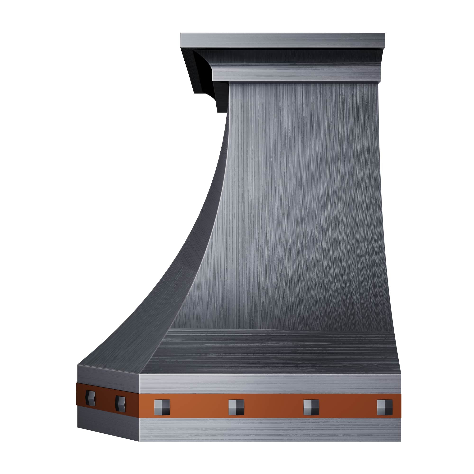 Artisan - made curved - waist stainless hood with brown rivet accents, elevating kitchen character
