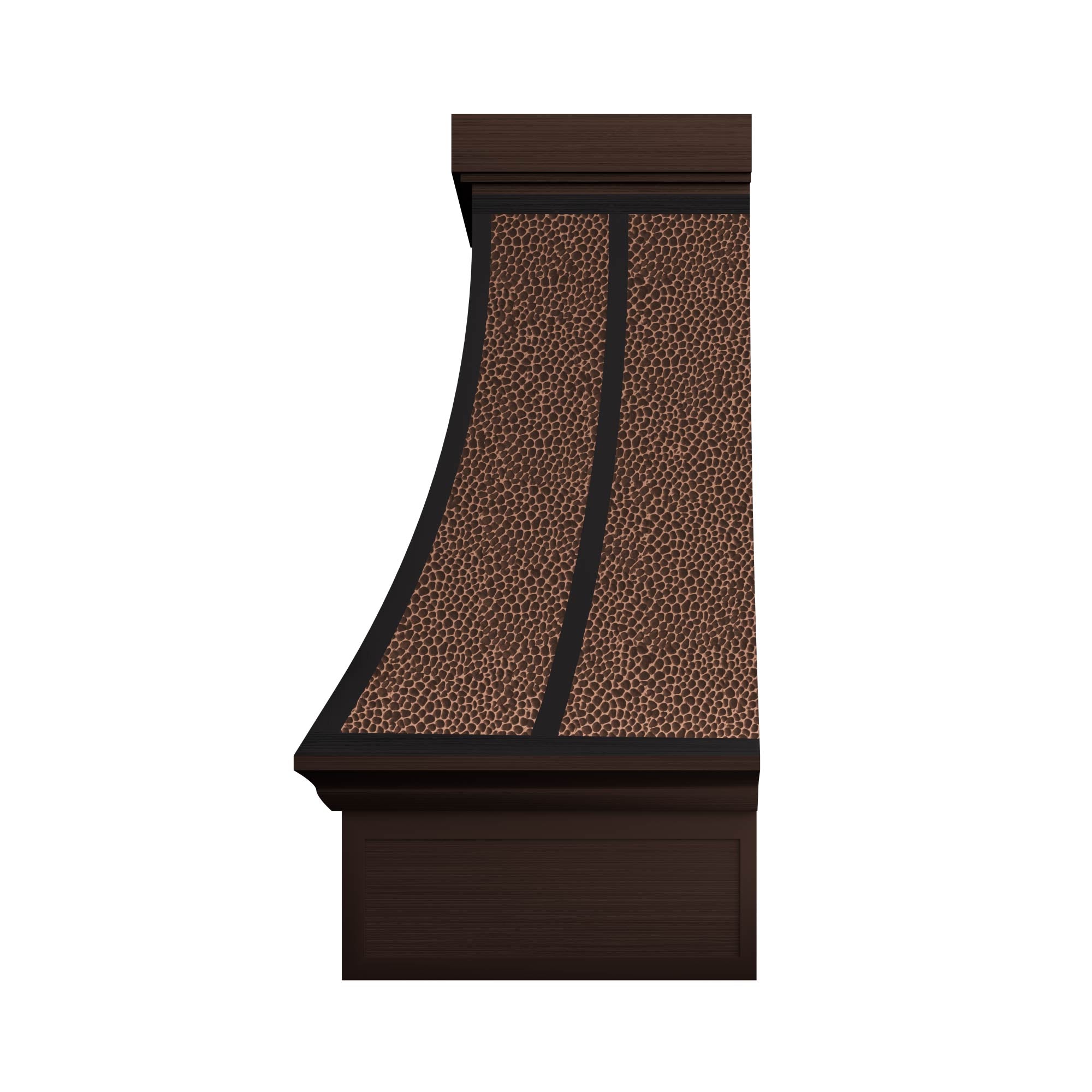 Textured hammered copper hood with curved silhouette and dark accents, perfect for rustic kitchens