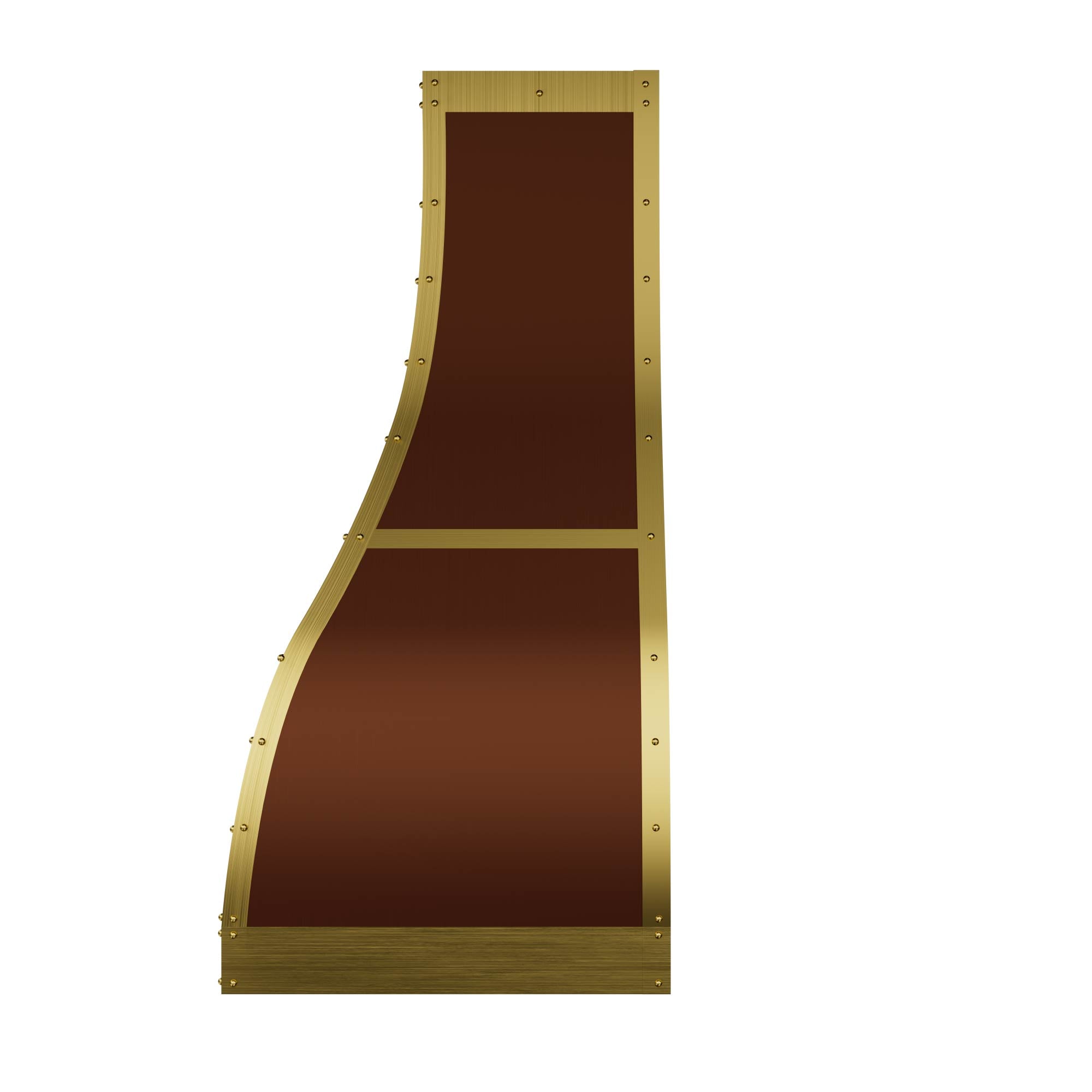 rendering of a handcrafted stainless range hood with gold - trimmed accents, showcasing a curved, vintage - inspired design ideal for elegant kitchen spaces.