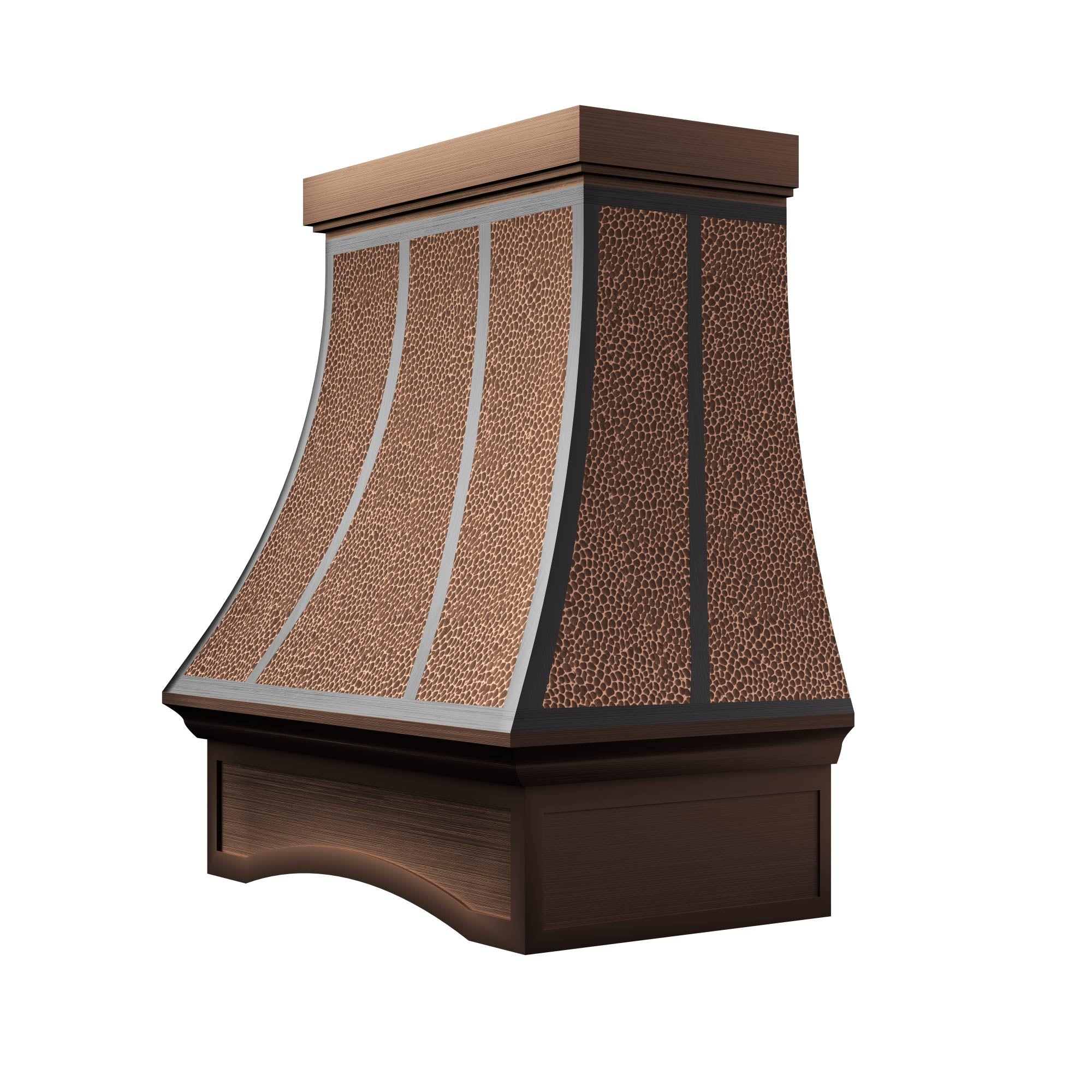 Dark - trimmed hammered copper range hood, designed to complement kitchens with wooden cabinetry, copper fixtures