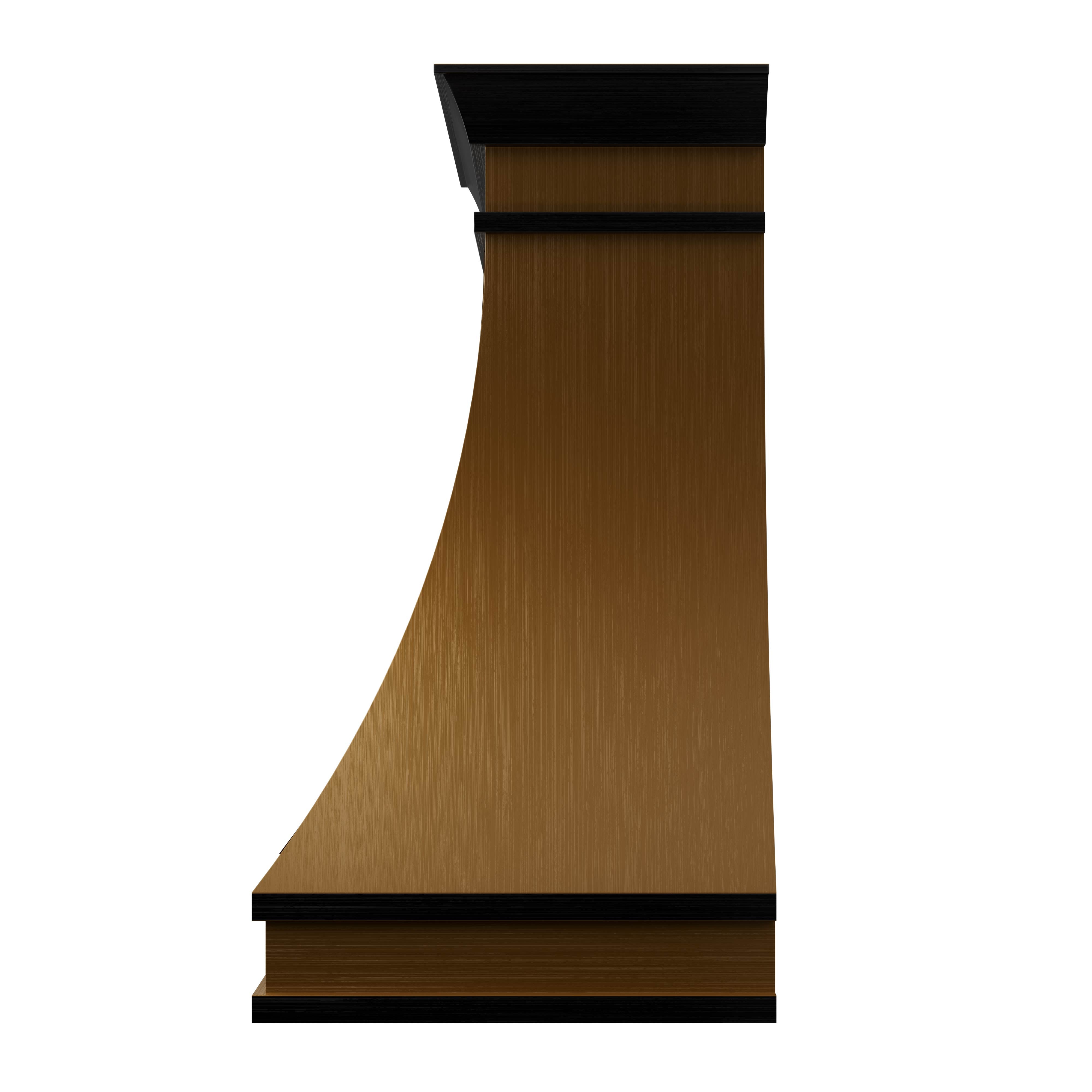 Brown range hood brass with black trim on a white background