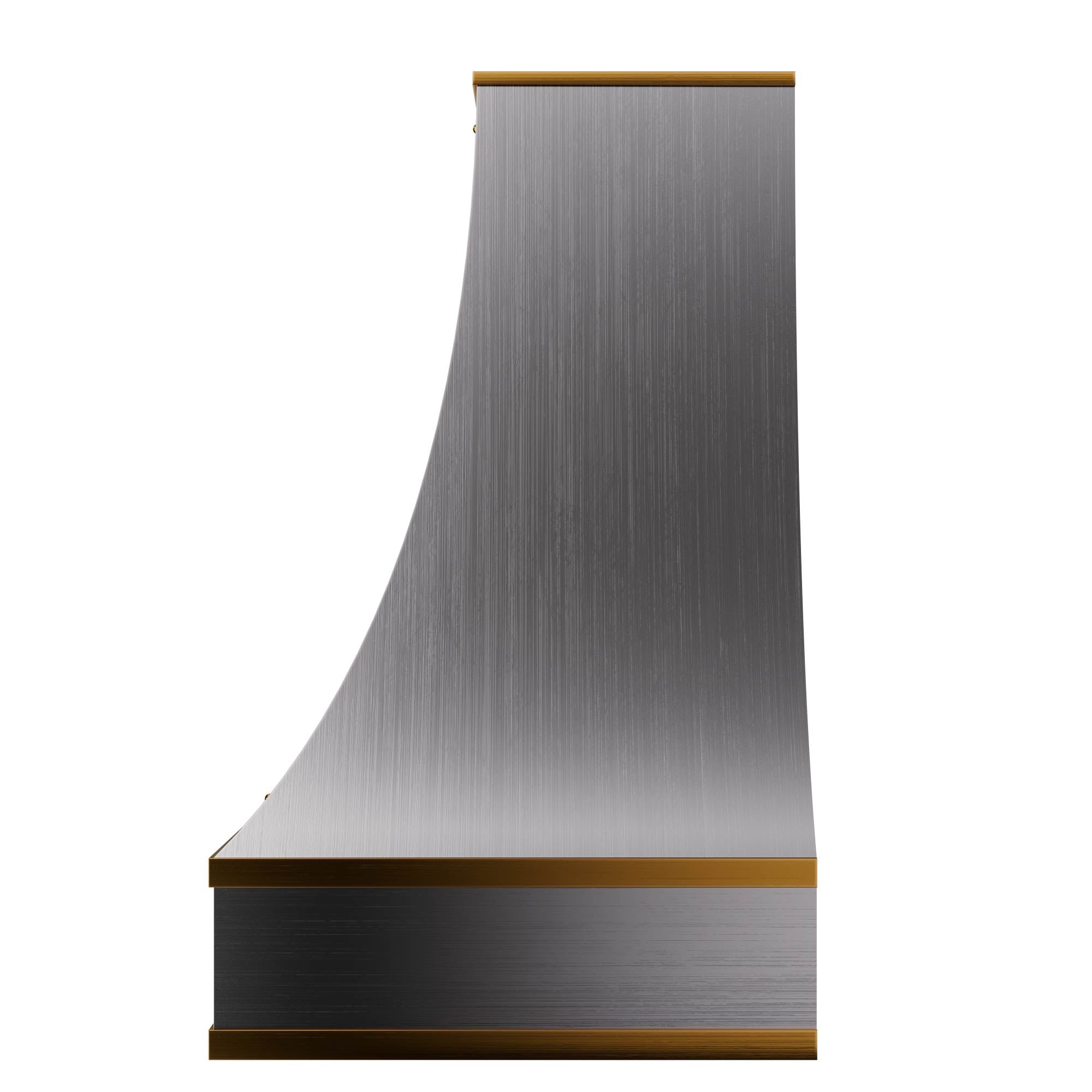 Contemporary stainless steel range hood with a smooth, curved shape and gold - trimmed elements, designed to elevate modern kitchen aesthetics