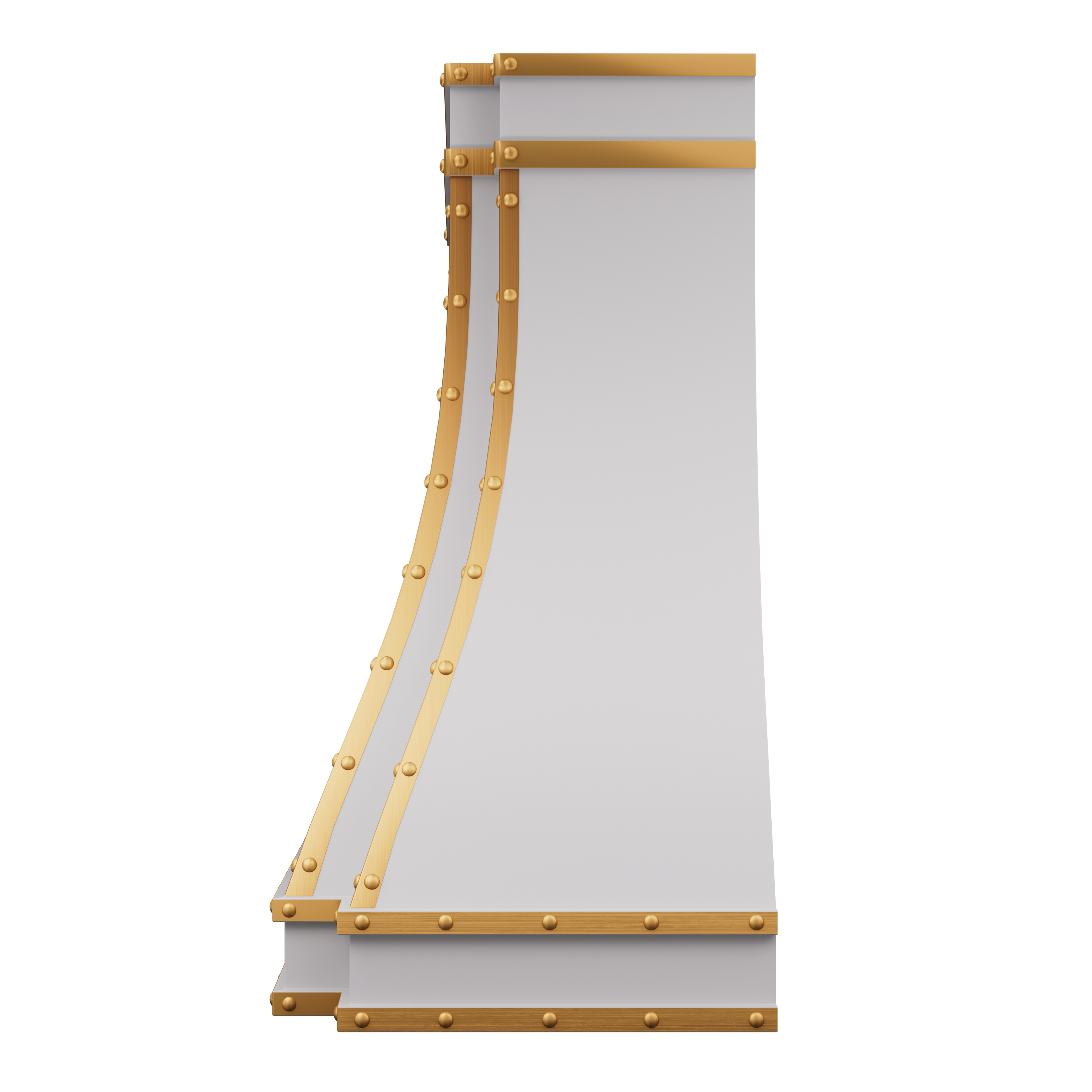 stainless steel range hood with gold accents, designed for modern kitchen installations, featuring a sleek curved shape.