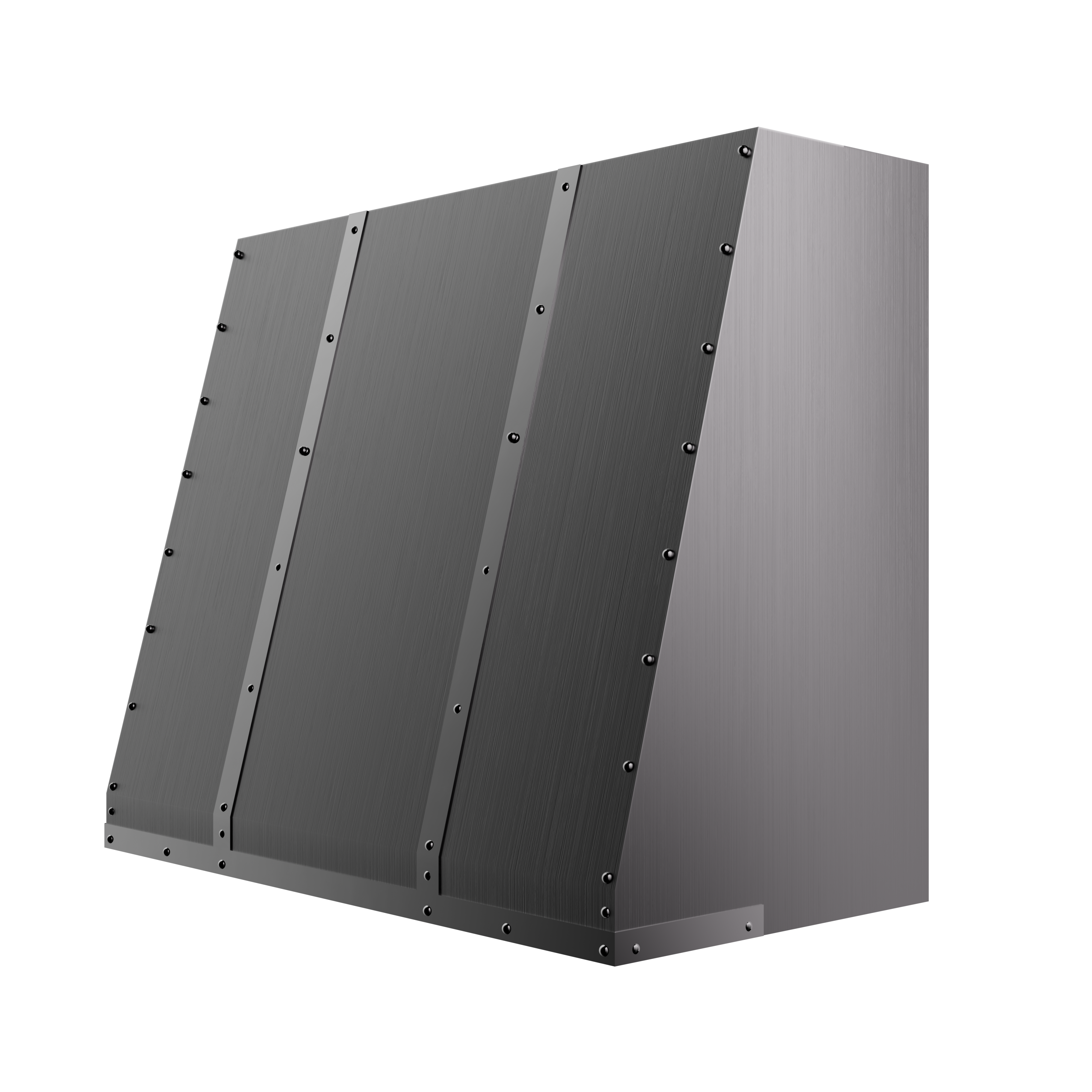 Gray angled brushed stainless steel range hood with rivet detailing, designed for industrial - chic kitchens