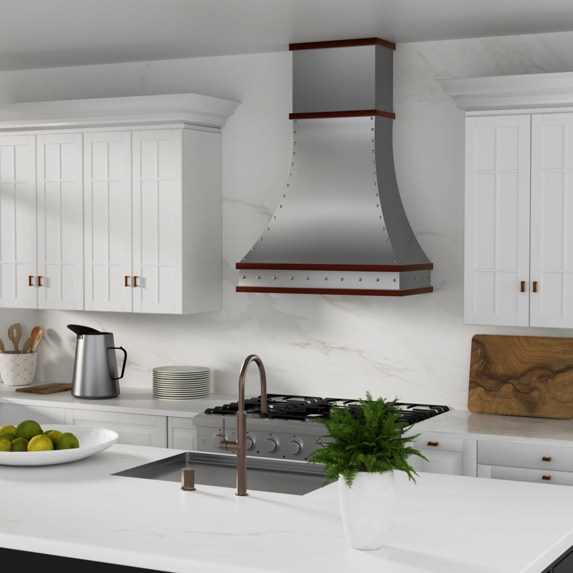Copper-Trimmed Curved Stainless Steel Range Hood