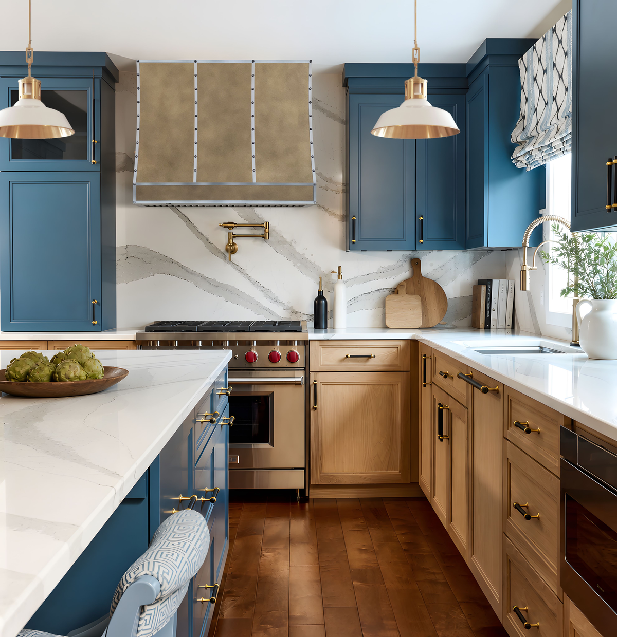 Custom Aged Brass Stove Vent Hood in a Modern Kitchen