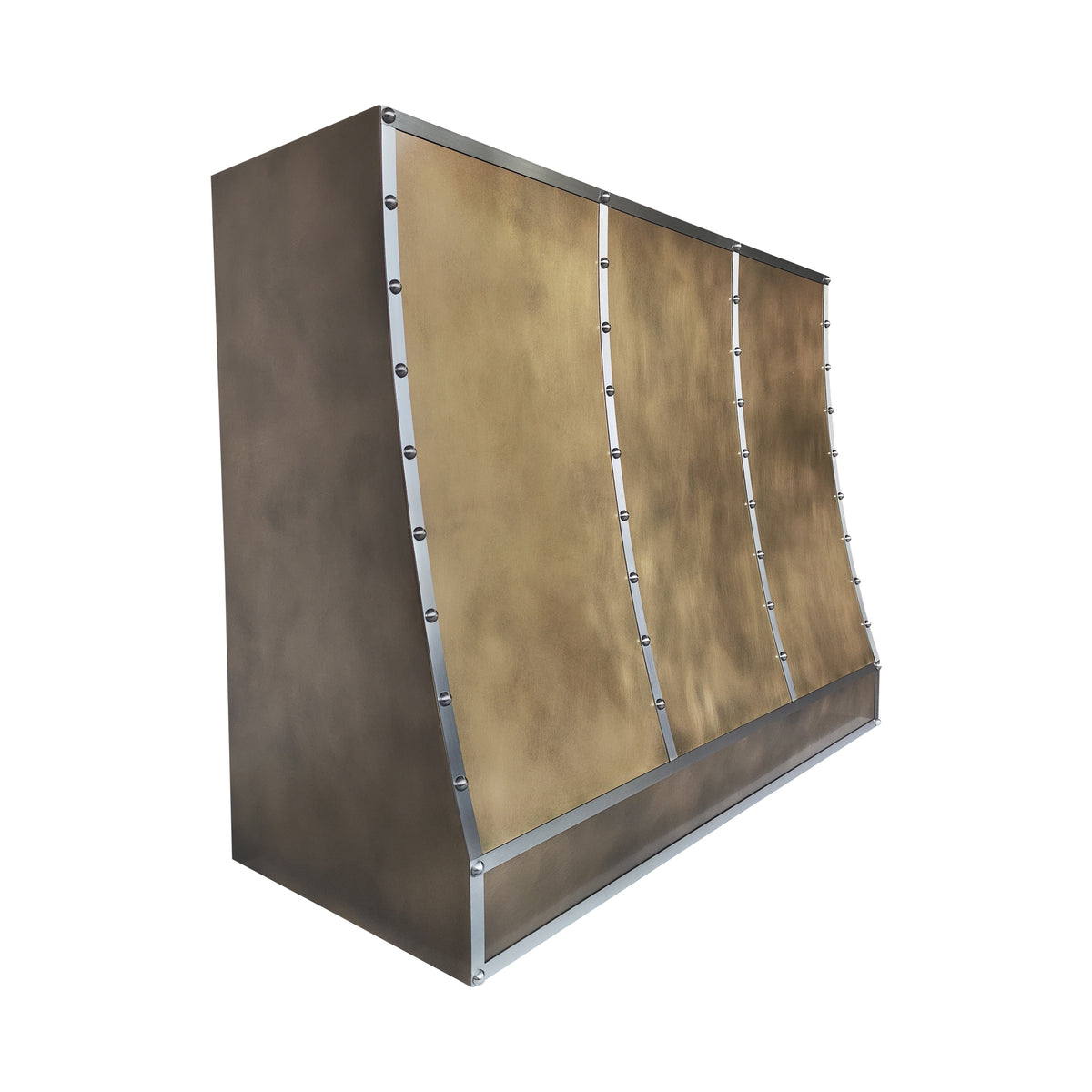 Sloped aged brass range hood with brushed stainless steel straps and rivets CKH-B21
