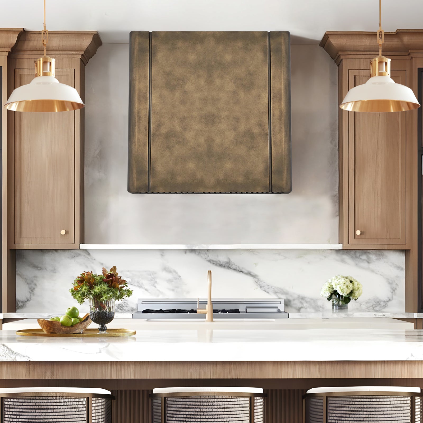 Modern kitchen with wooden cabinets, marble backsplash, and pendant lights.