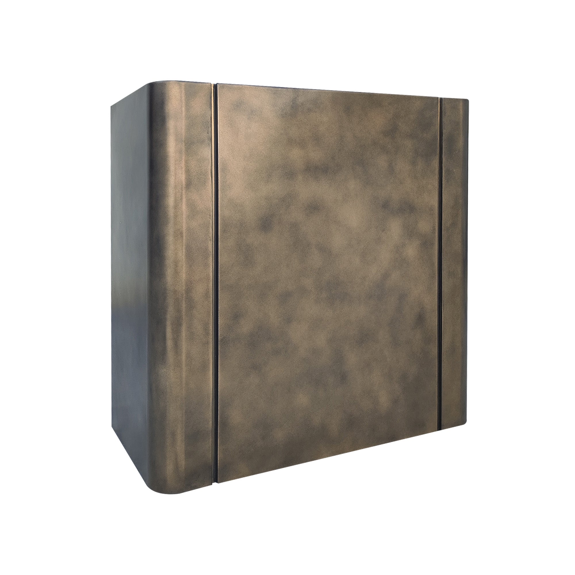 CKH aged patina brass range hood with sleek panels, showcasing timeless retro elegance in kitchen ventilation design.
