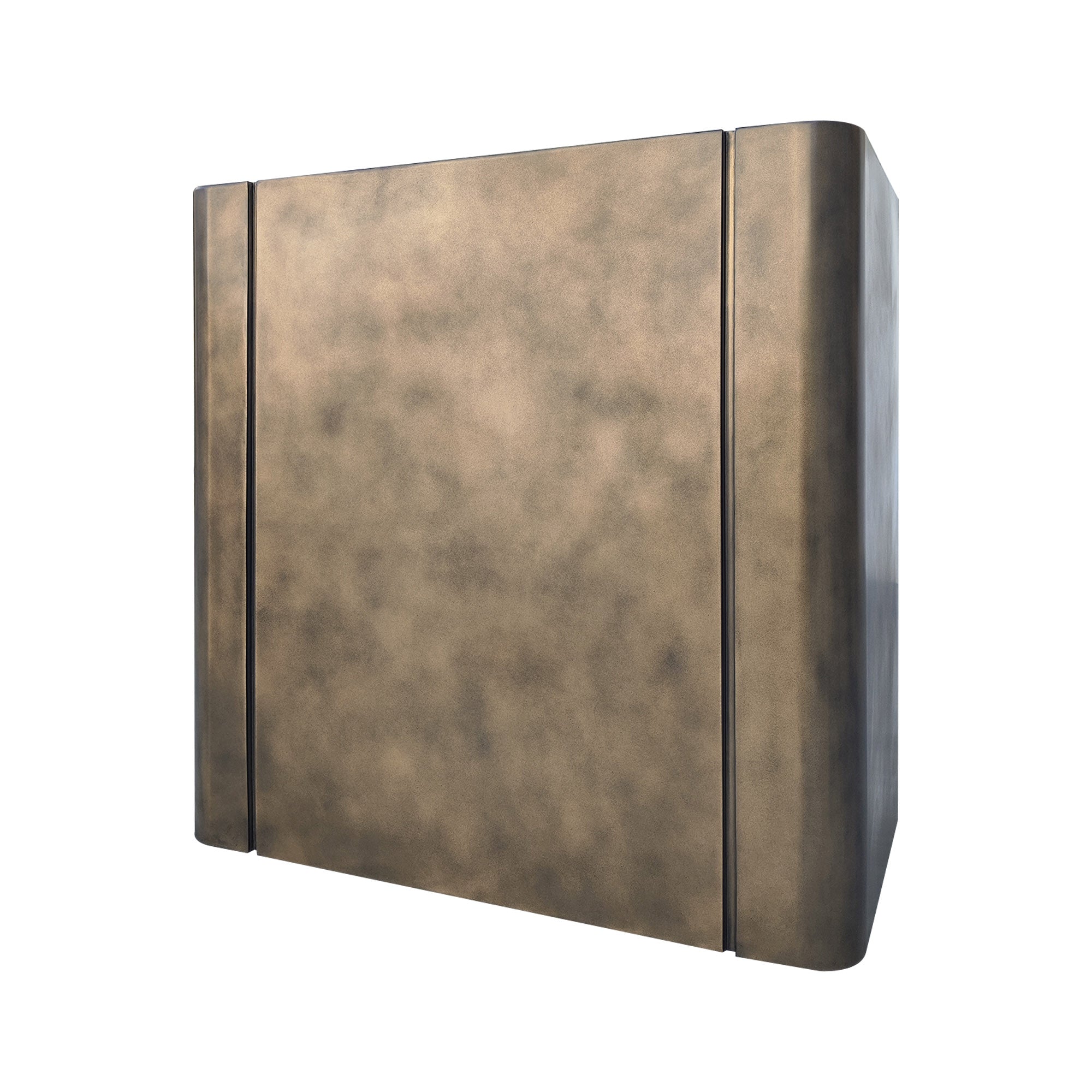 CKH aged patina brass range hood with sleek panels, showcasing timeless retro elegance in kitchen ventilation design.