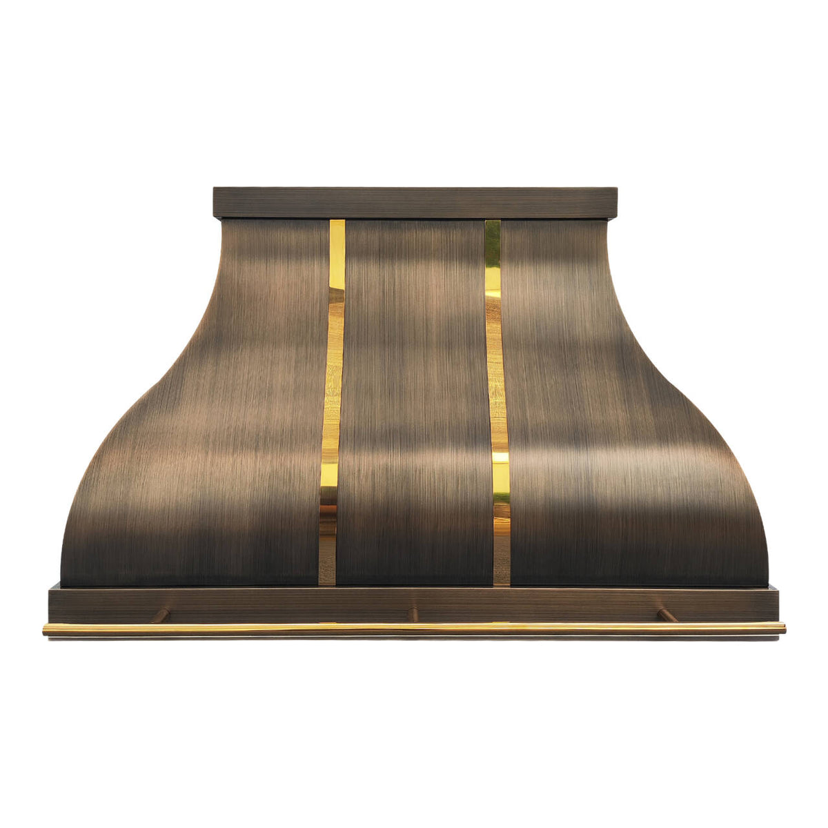 antique brass range hood with brass accents 