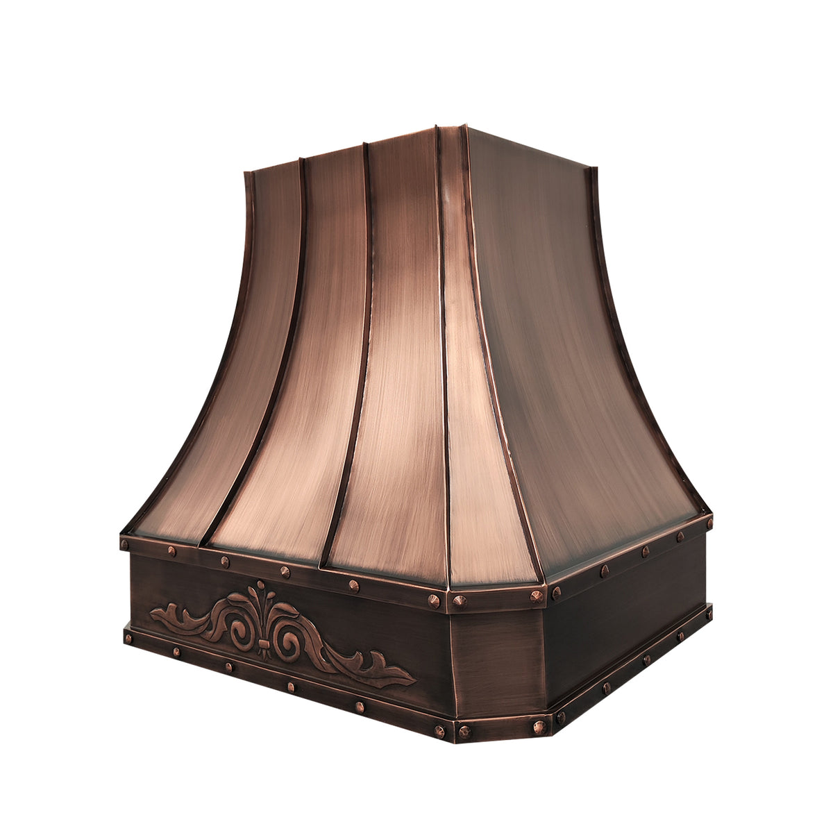 CKH C15 custom copper range hood featuring ornate carved detailing and rivet accents