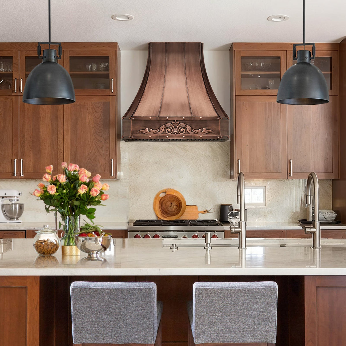CKH copper kitchen range hood featuring ornate carved detailing and rivet accents C15