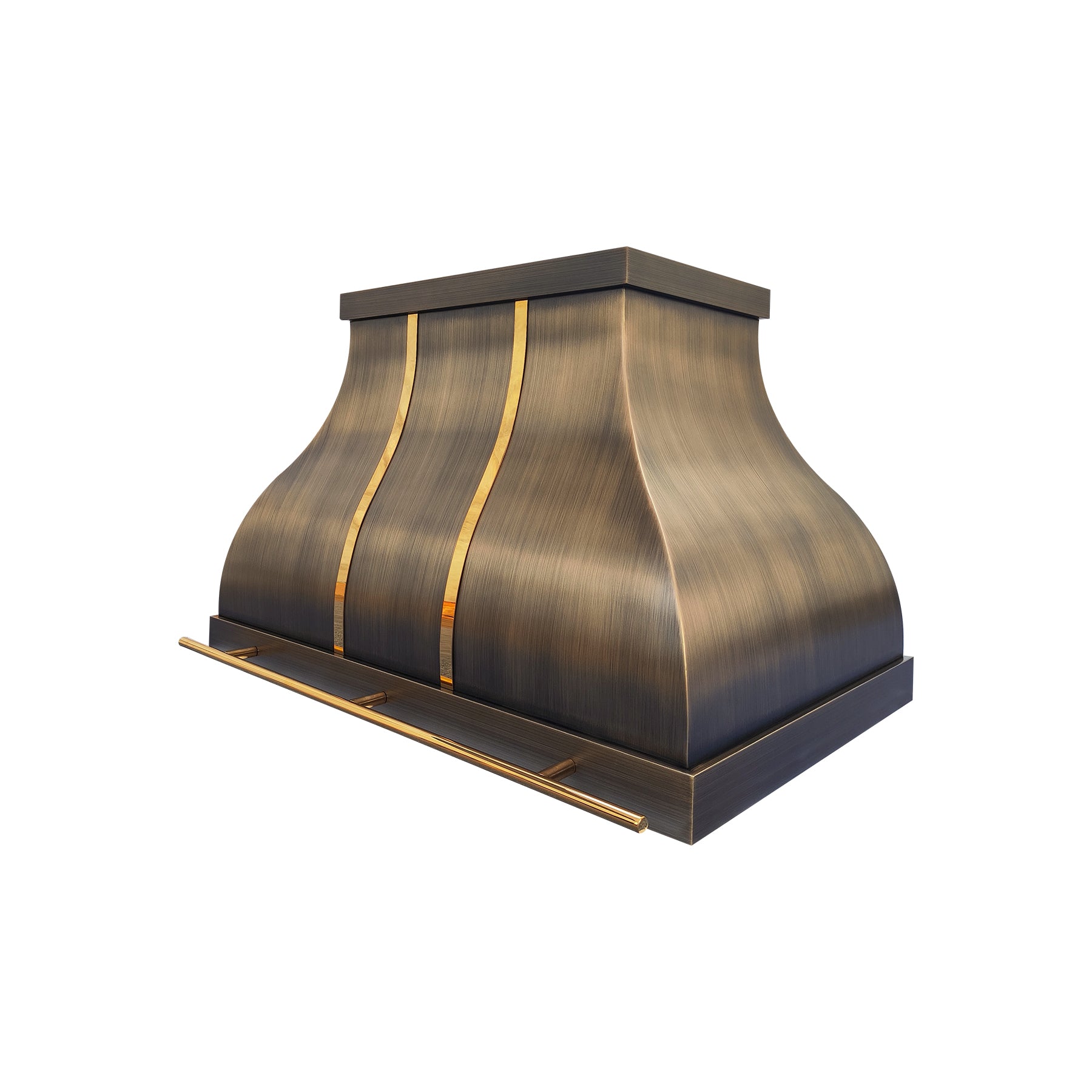 Brass kitchen hood with gold accents on a white background