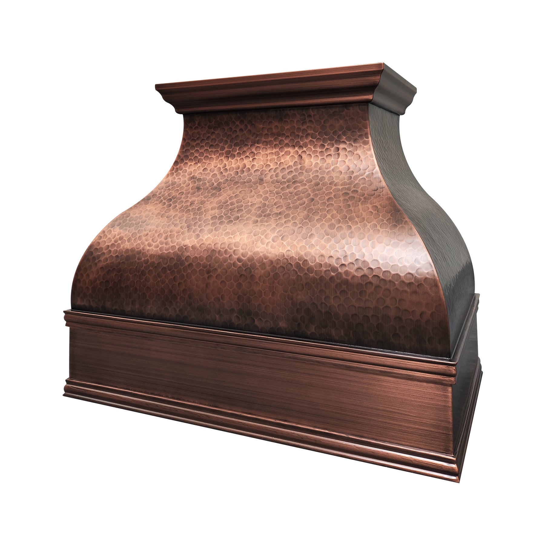 CKH copper vent hood featuring hand-hammered texture, a gracefully curved silhouette for timeless kitchen elegance.