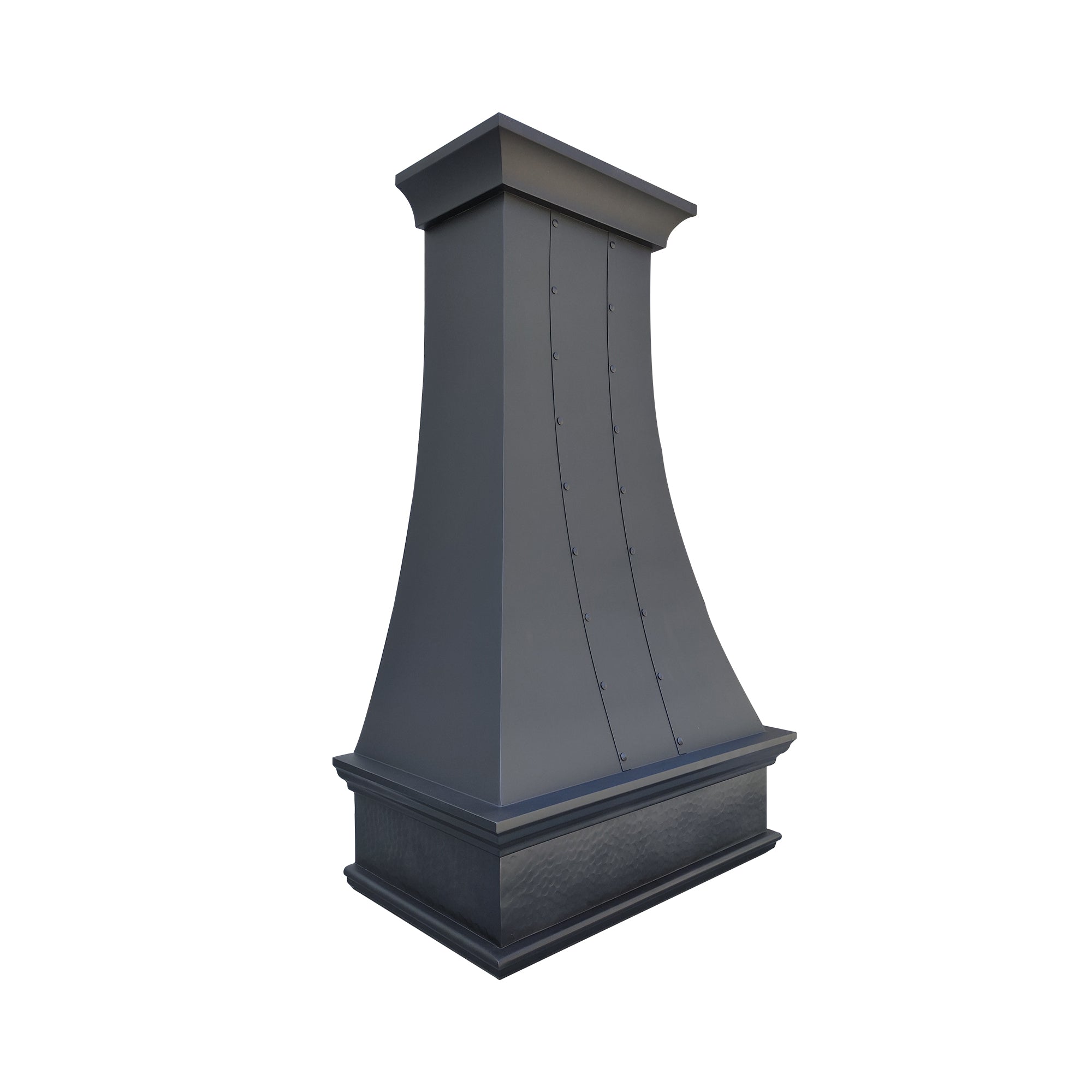 Hammered copper kitchen hood with handcrafted texture, ideal for rustic or industrial-style kitchens