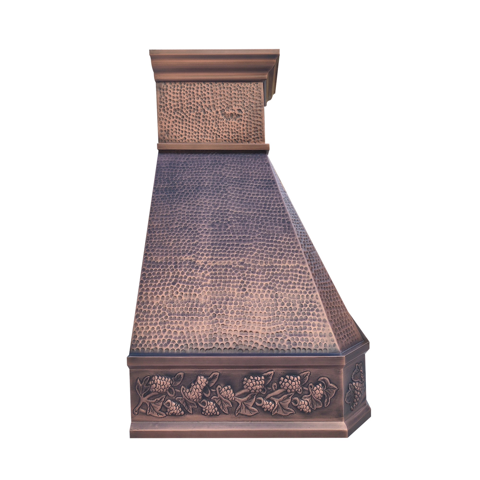 CKH handcrafted copper range hood with intricate grapevine floral detailing and hand-hammered texture