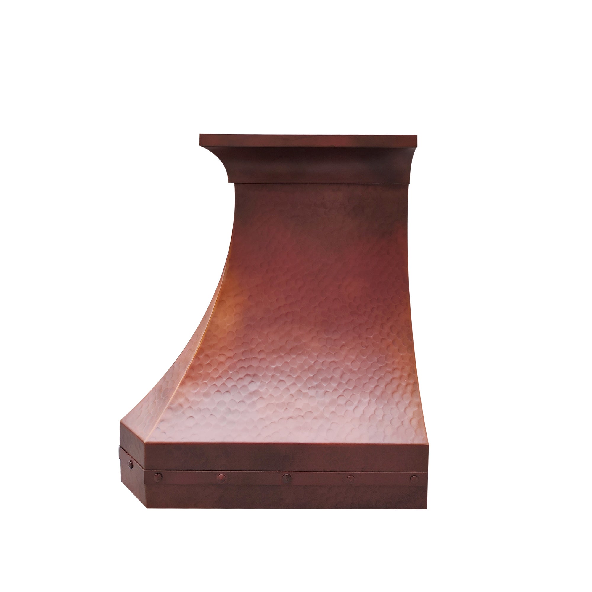 CKH copper vent hood with hand-hammered texture, elegant curved silhouette, and rich copper finish.