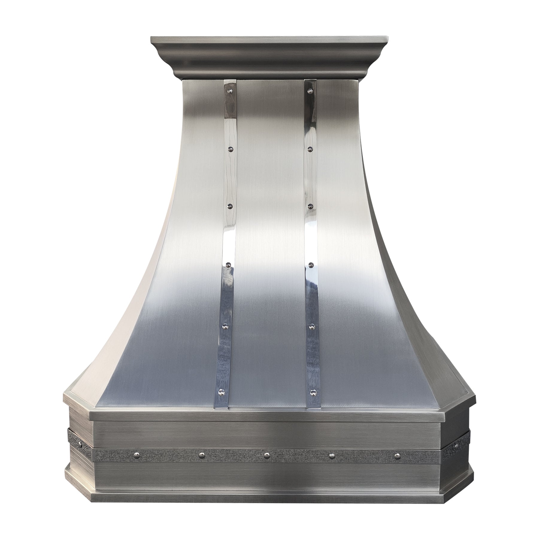 CKH artisan stainless steel range hood with riveted accents, showcasing handcrafted kitchen ventilation design.