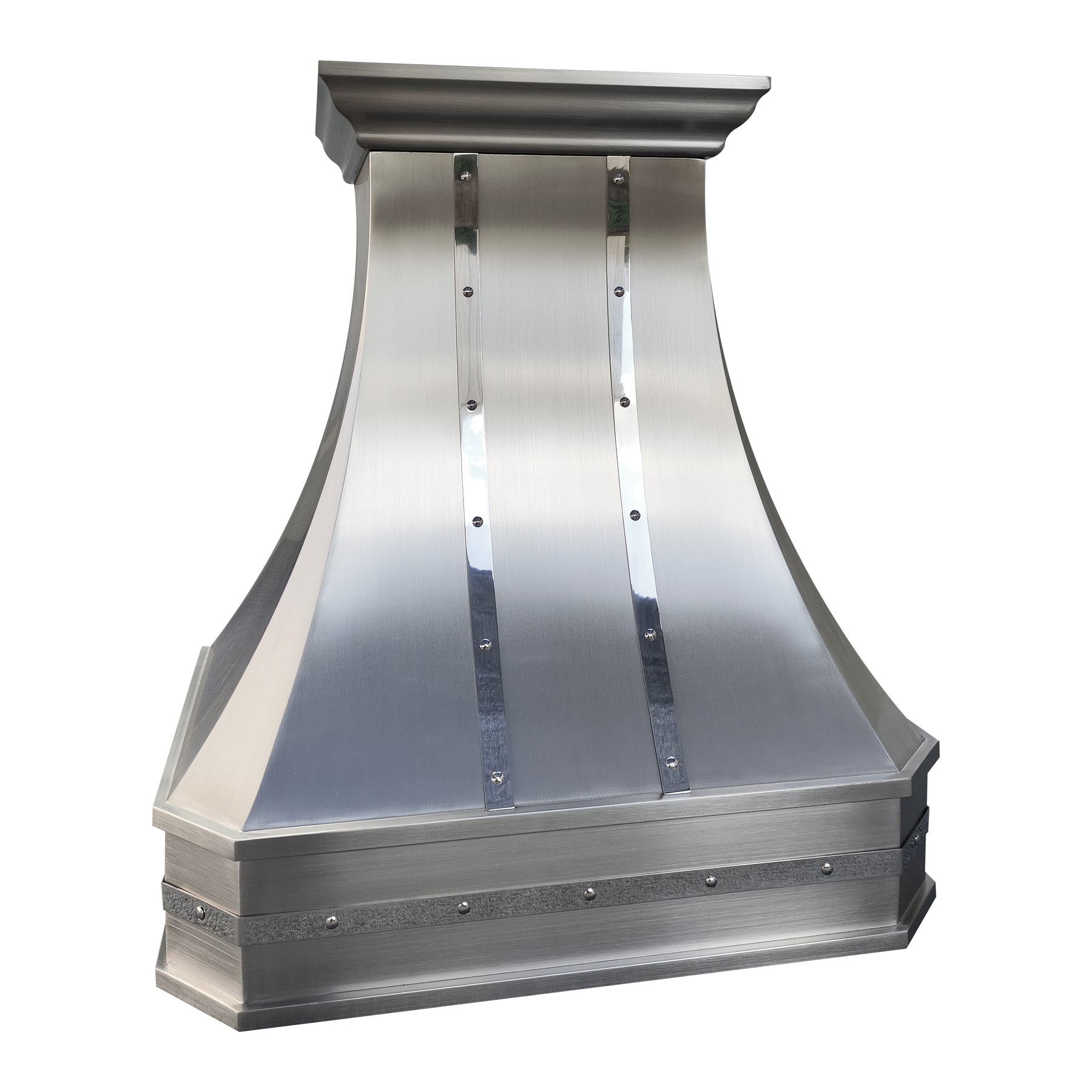 CKH artisan stainless steel range hood with riveted accents, showcasing handcrafted kitchen ventilation design.