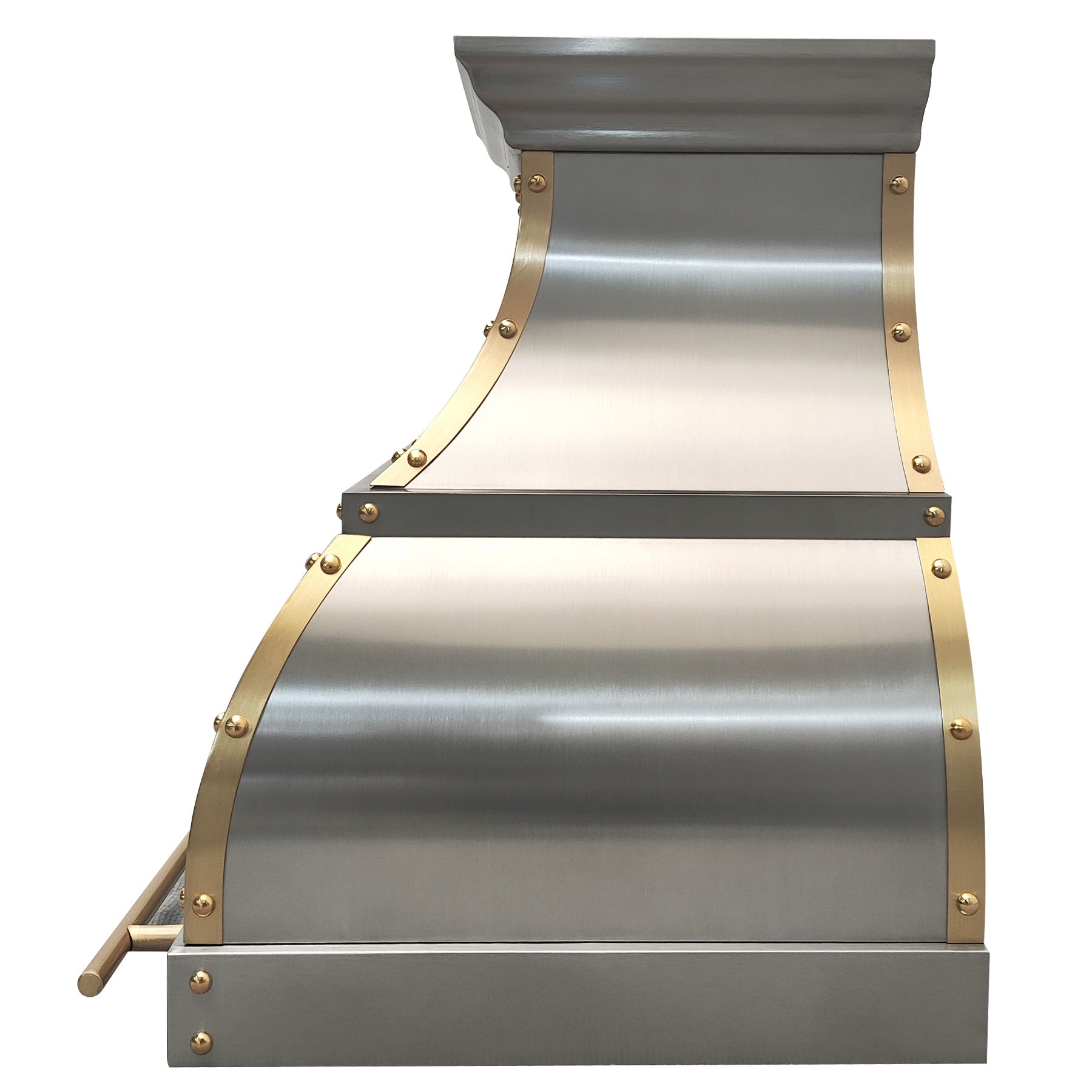 Stainless steel range hood with brass accent strips and rivet detailing, designed for industrial kitchen.