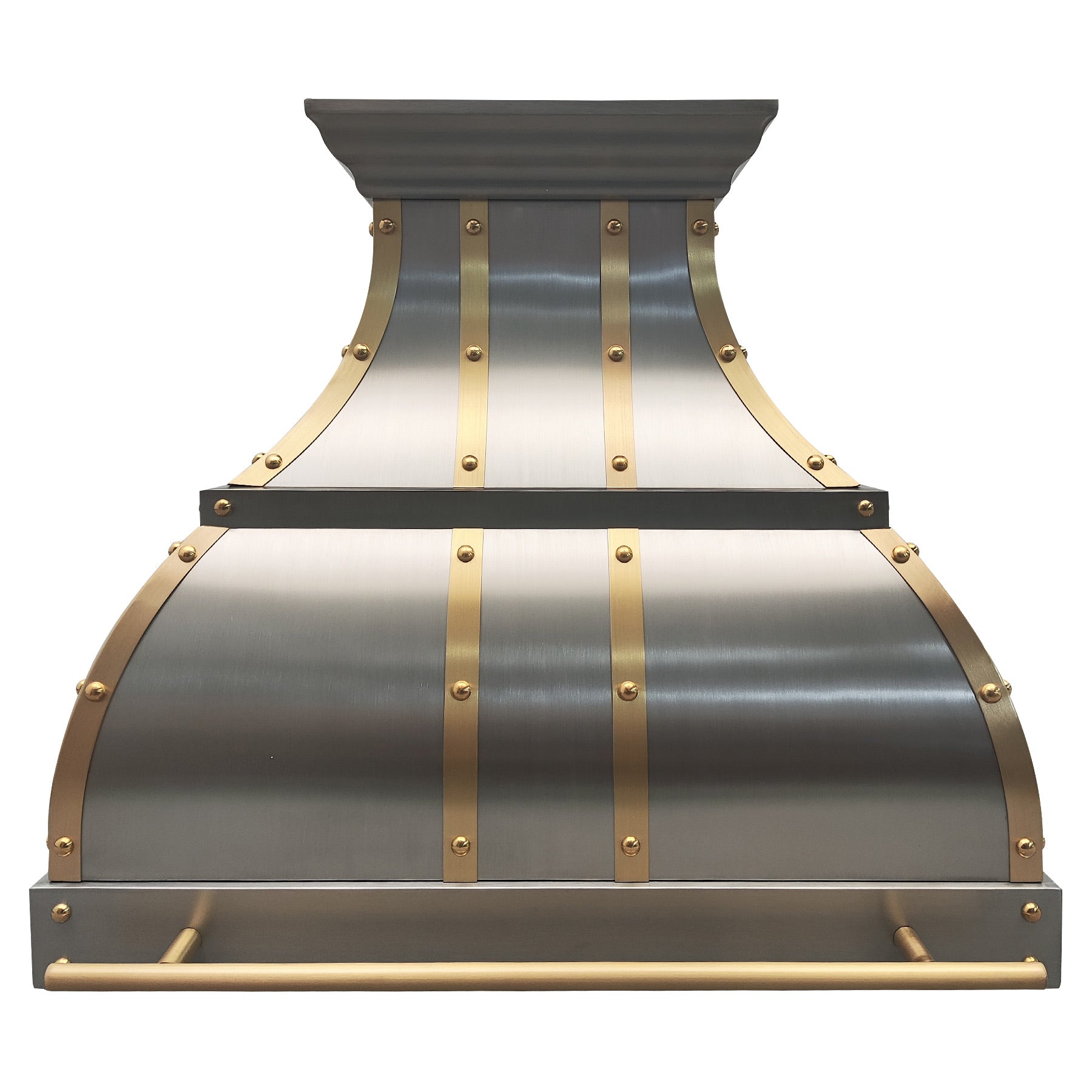 Stainless steel range hood with brass accent strips and rivet detailing, designed for industrial kitchen.