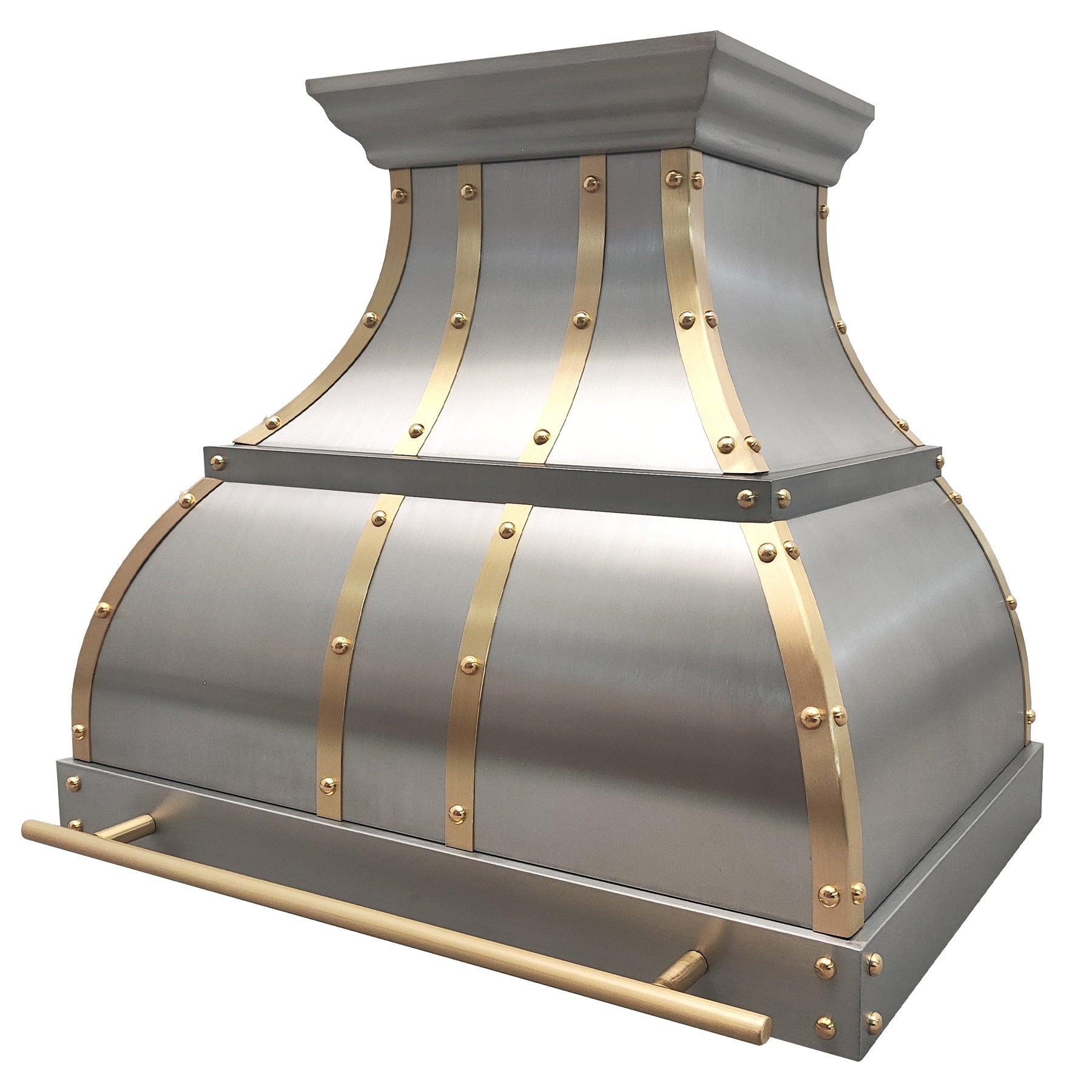 Stainless steel range hood with brass accent strips and rivet detailing, designed for industrial kitchen.