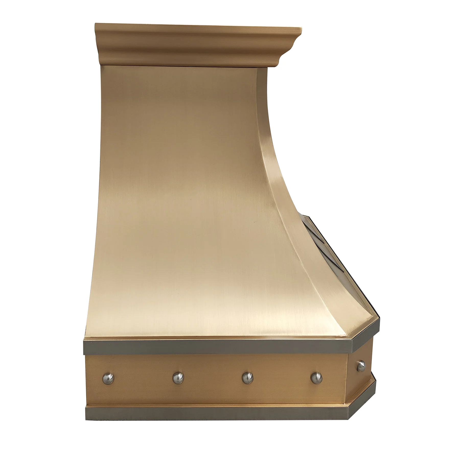 Luxury curved brass stove hood vent with elegant golden finish