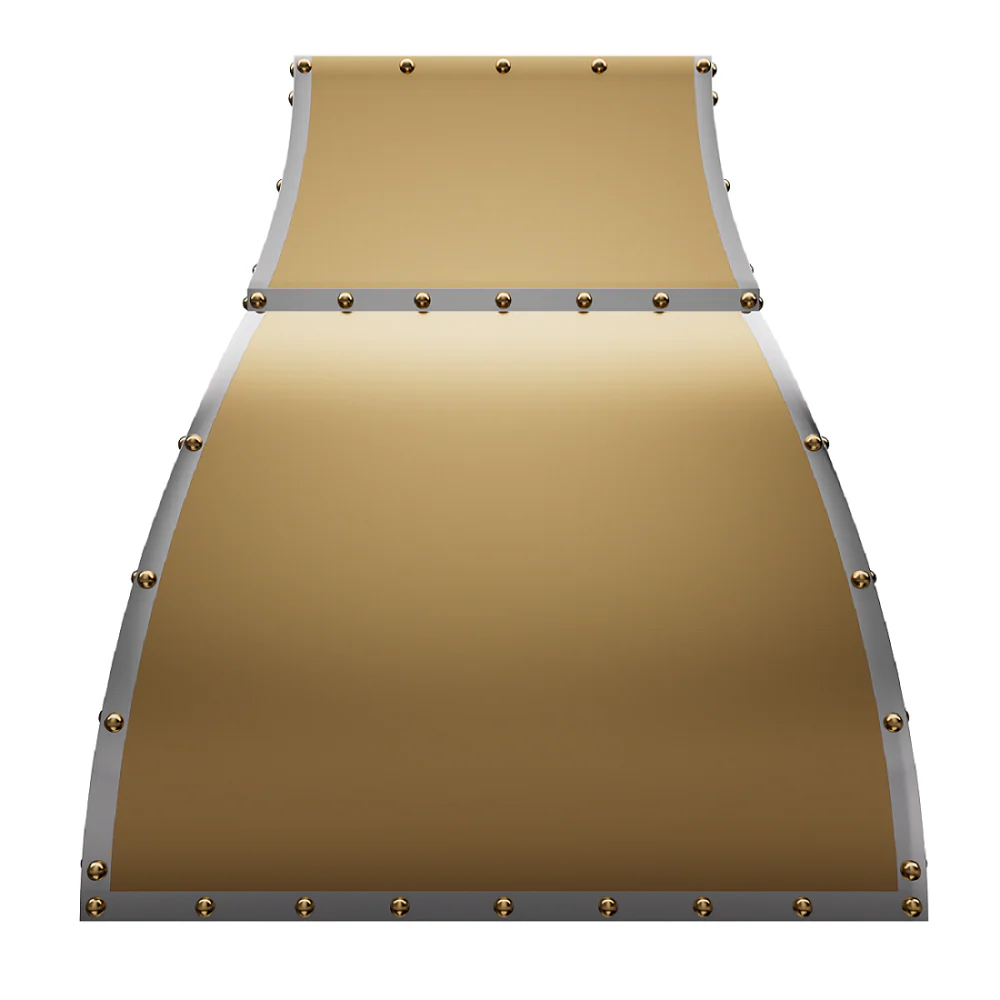 Wall mounted custom brass range hood with elegant golden finish