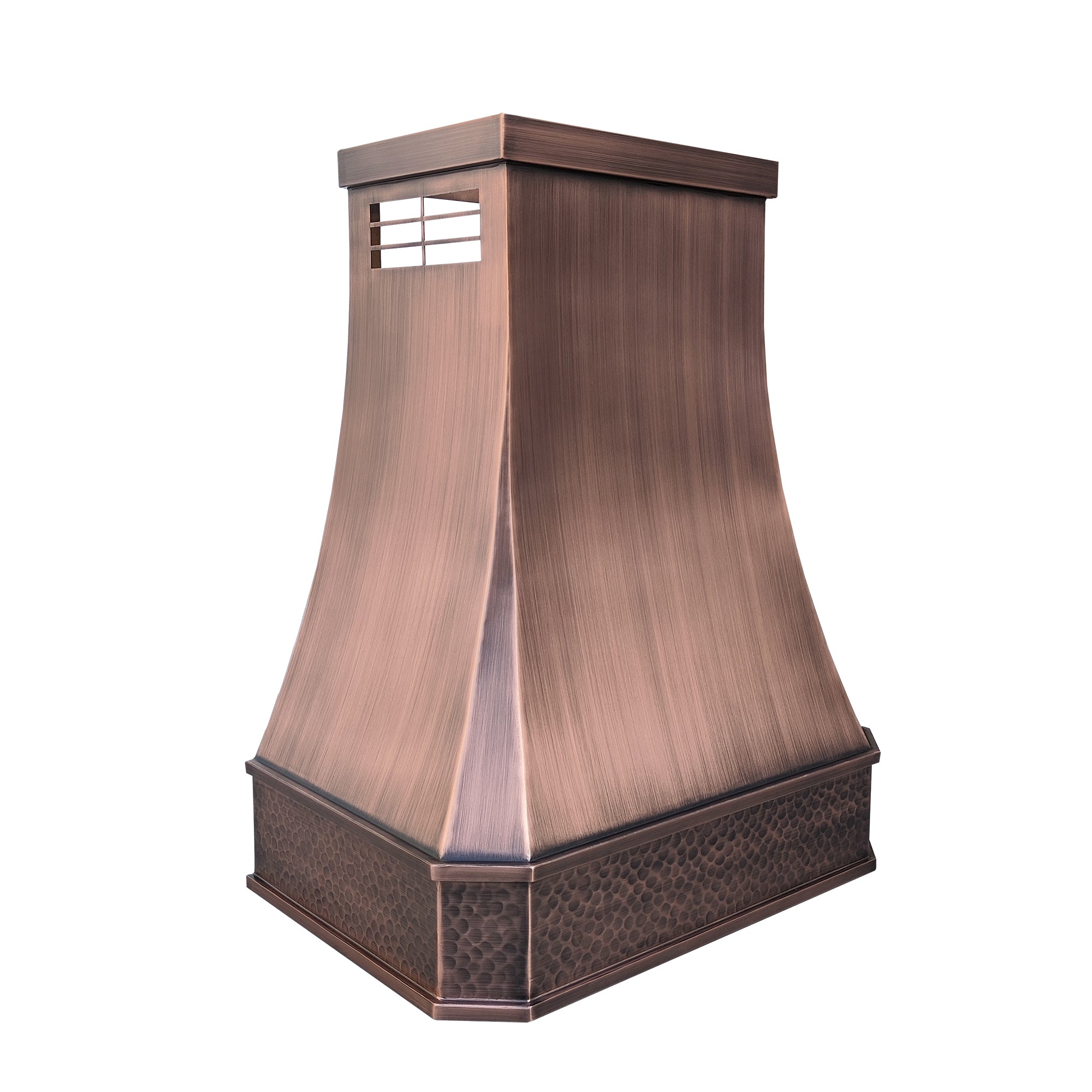 Beehive Hammered Antique Copper Range Hood with handcrafted beehive detailing and antique copper finish.