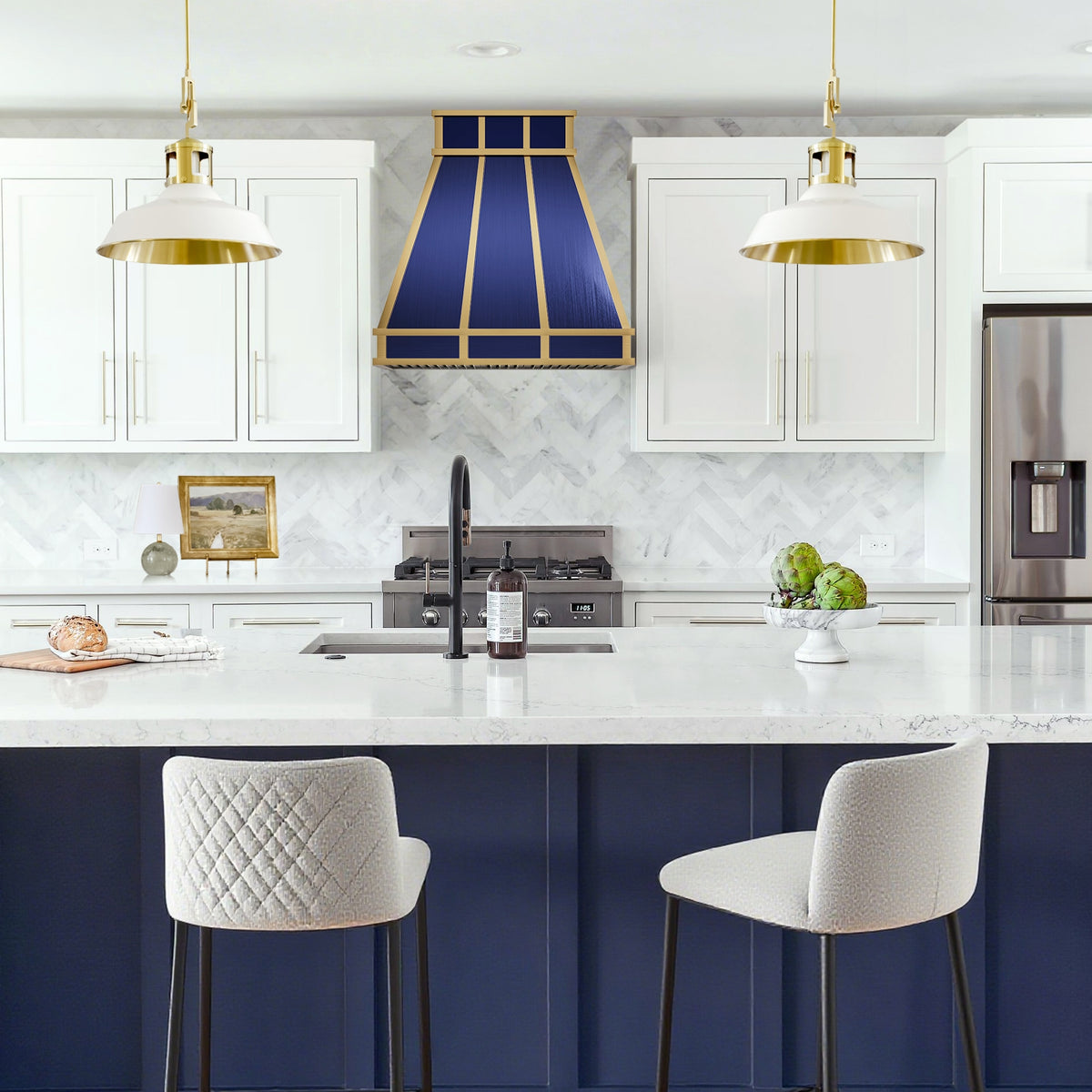 blue custom stainless steel range hood in modern kitchen