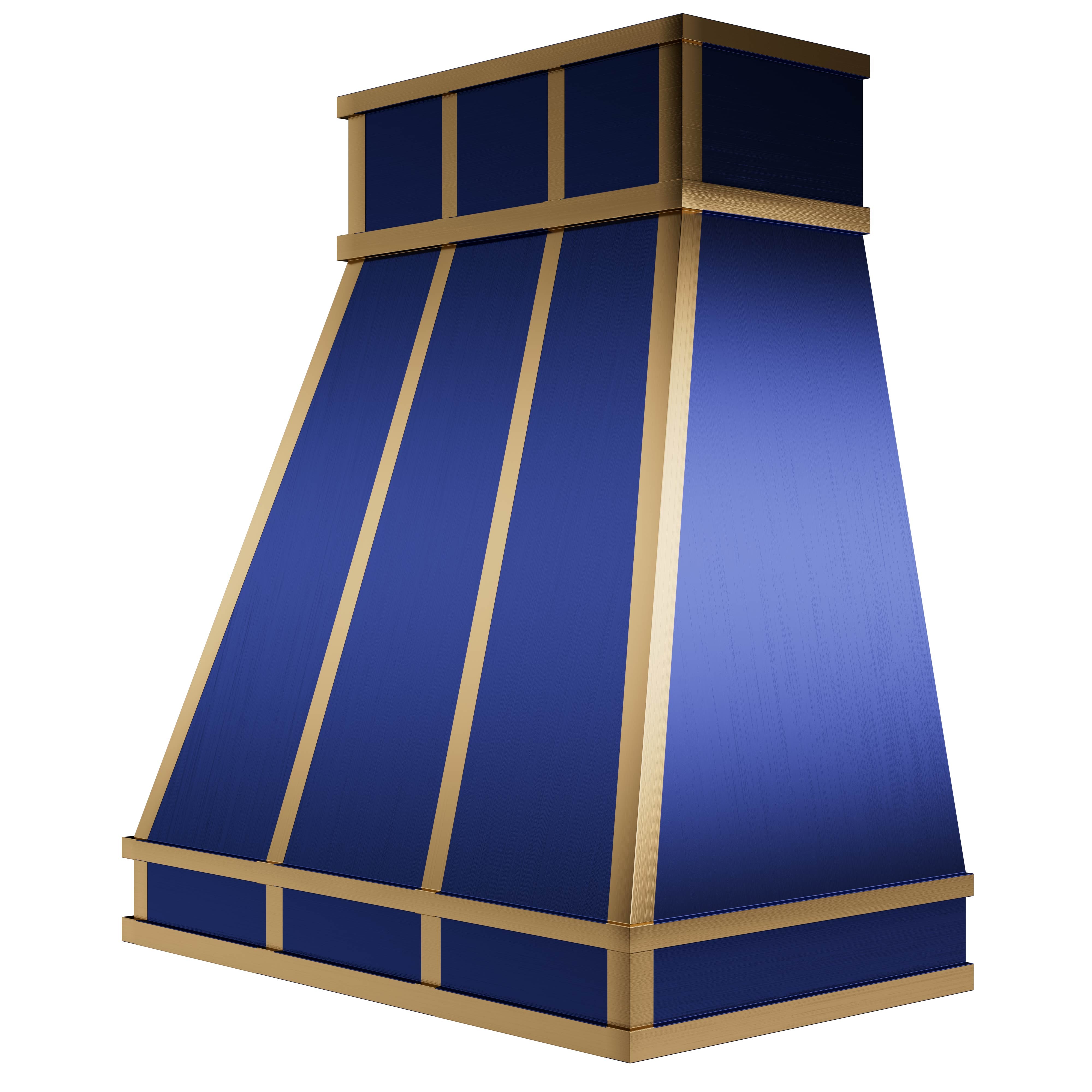 blue - finish stainless steel range hood with gold accents, elevating kitchen luxury and performance