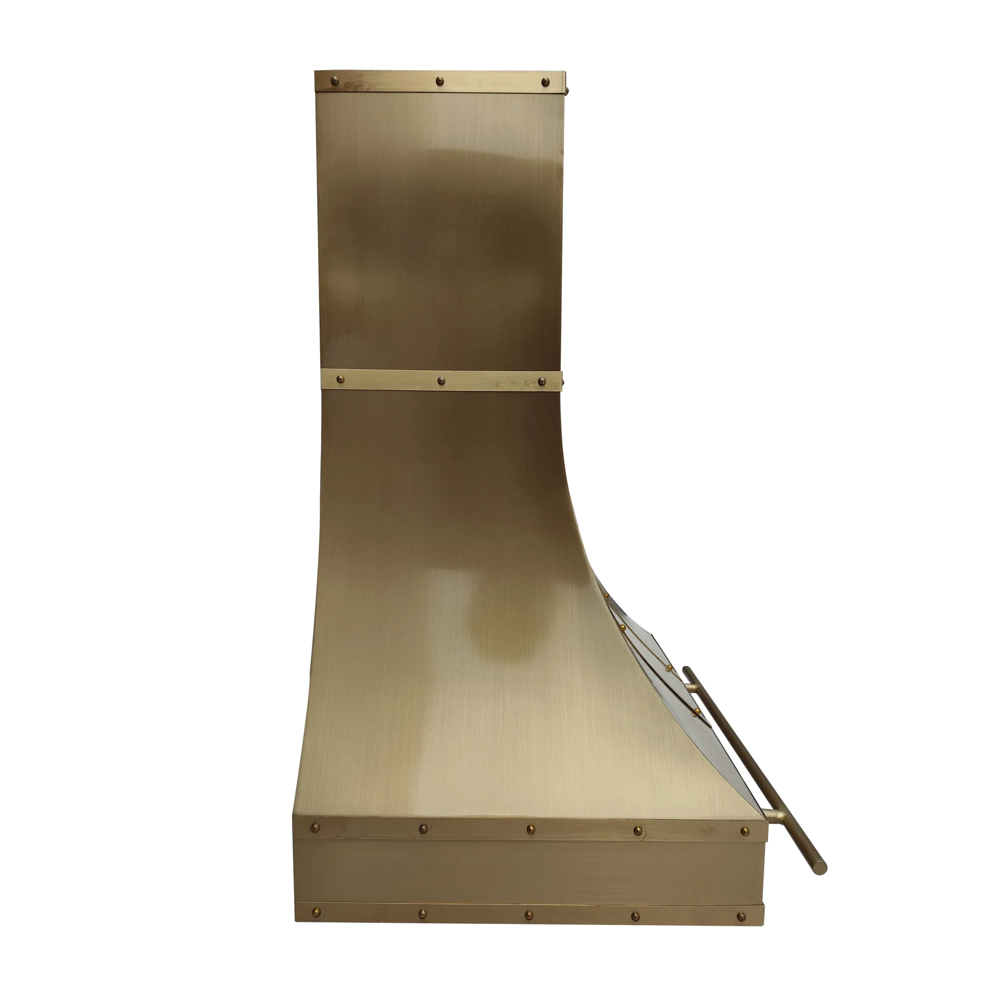 CKH vintage-style brass range hood with a curved silhouette, rivet detailing, and an integrated brass handle, showcasing artisan craftsmanship.